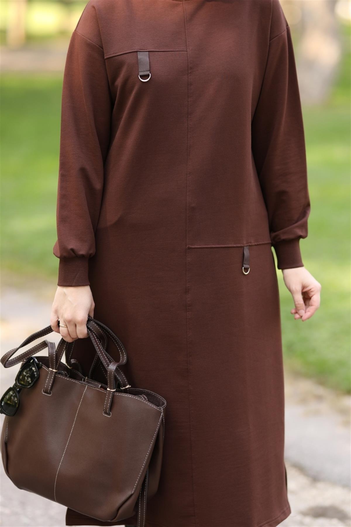 D Tokalı Uzun Sweat Acı Kahve