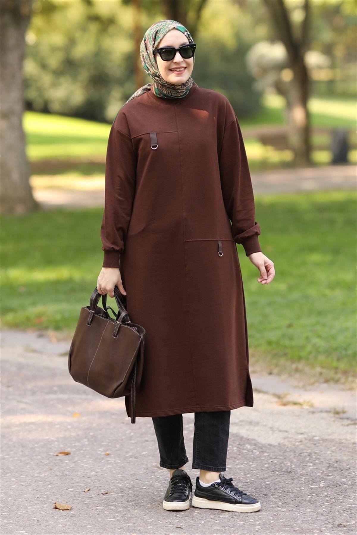 D Tokalı Uzun Sweat Acı Kahve