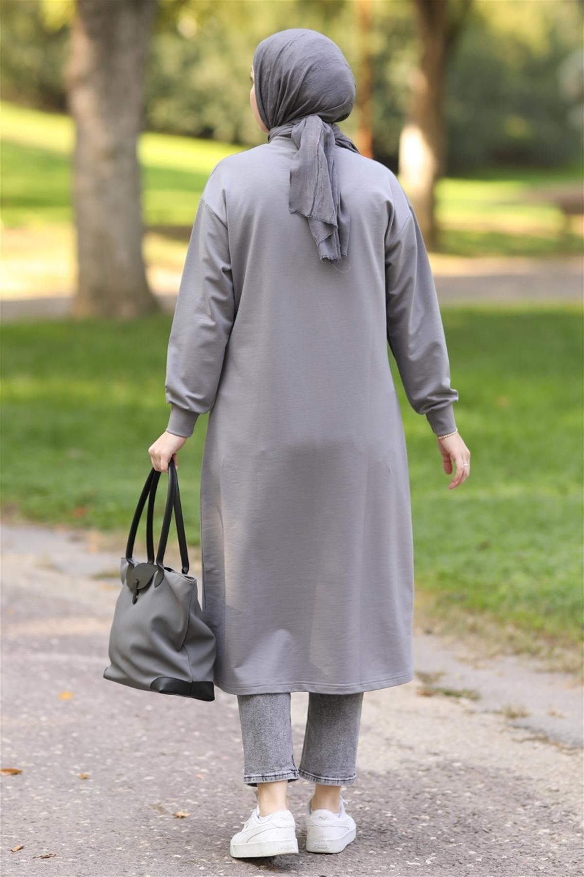 D Tokalı Uzun Sweat Füme