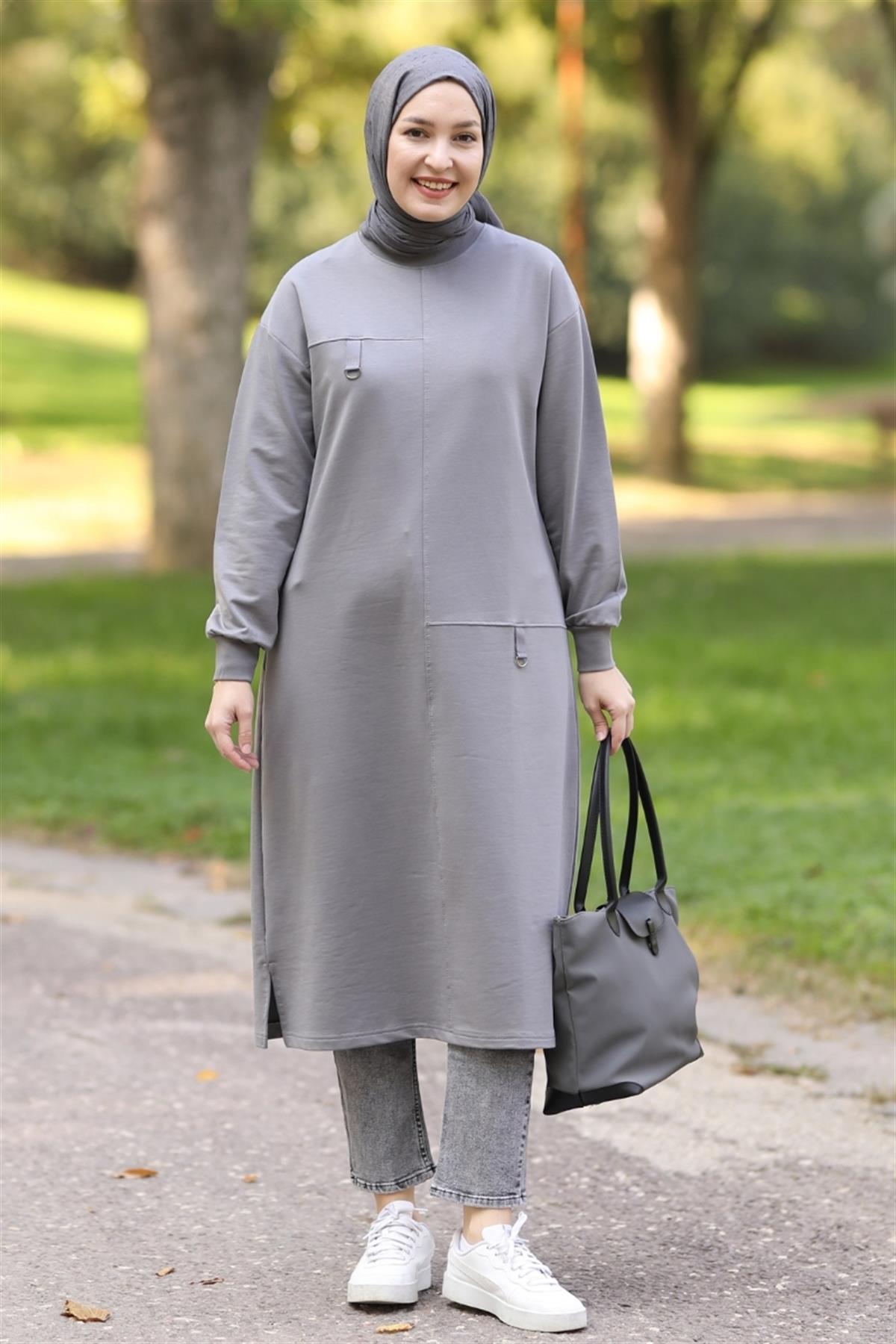 D Tokalı Uzun Sweat Füme