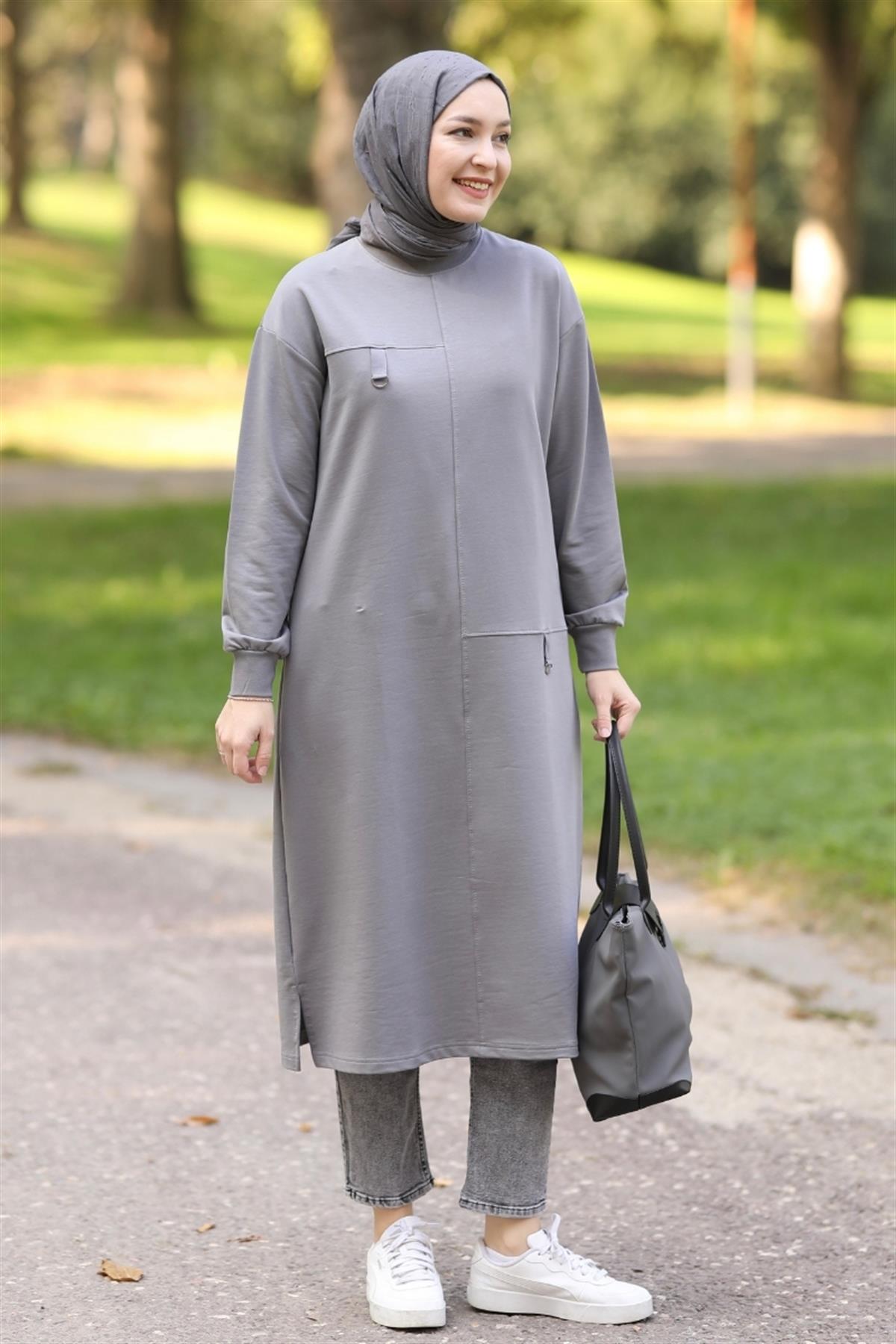 D Tokalı Uzun Sweat Füme