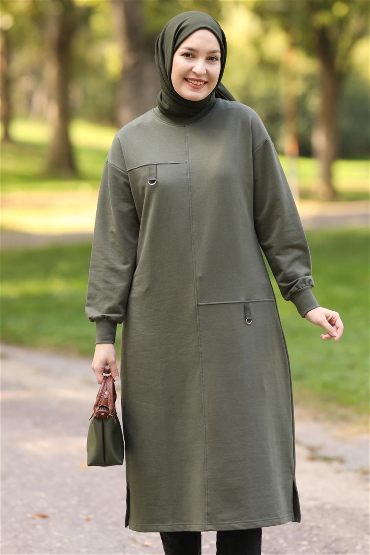 D Tokalı Uzun Sweat Haki