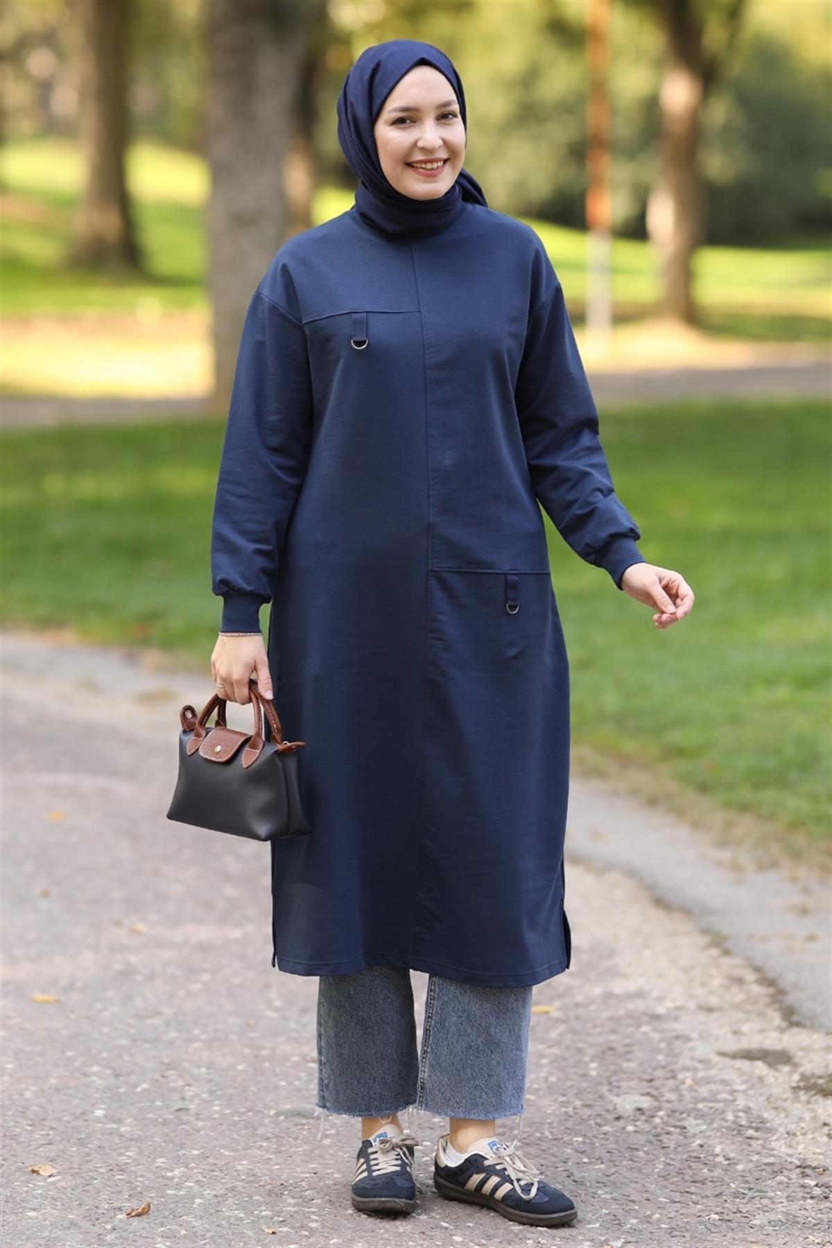 D Tokalı Uzun Sweat Lacivert