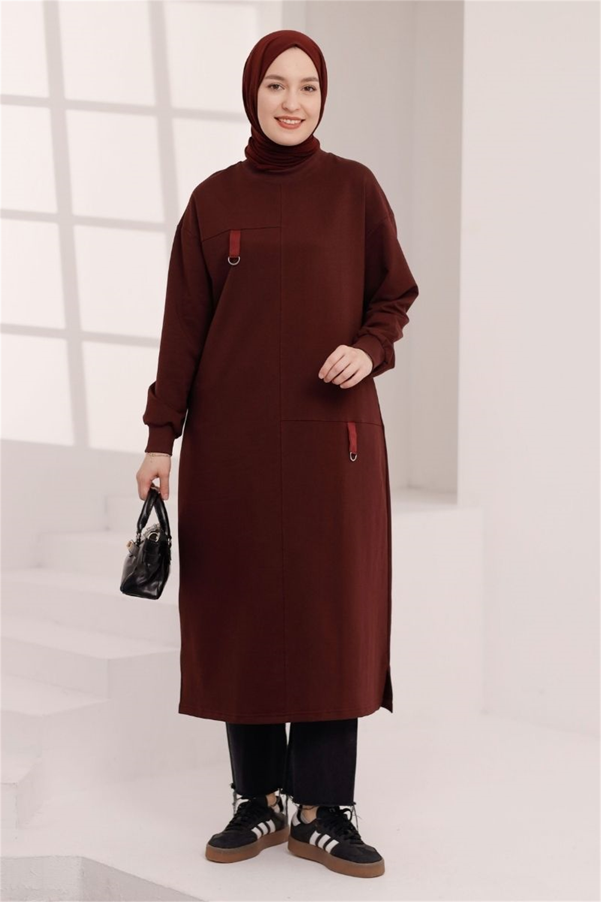 D Tokalı Uzun Sweat Vişne