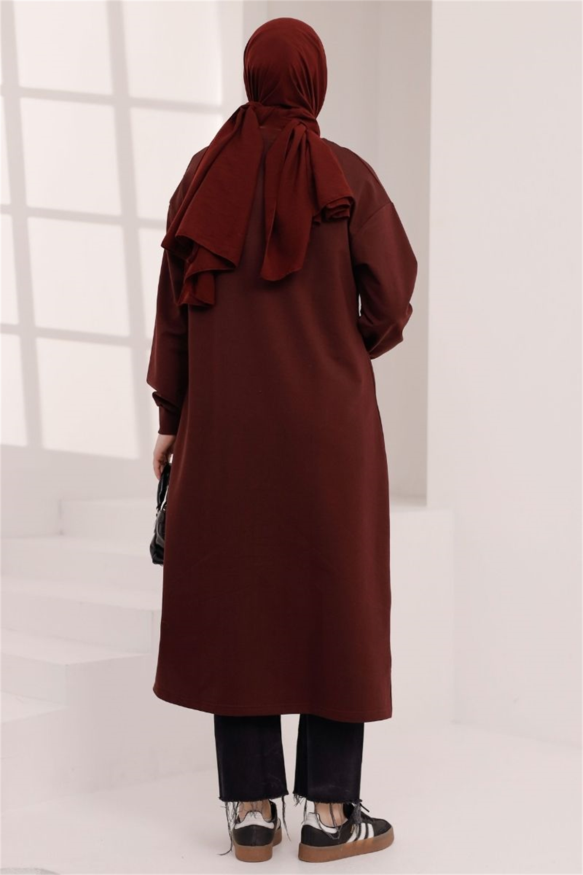 D Tokalı Uzun Sweat Vişne