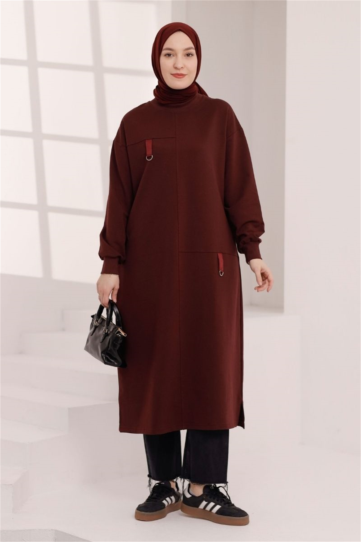 D Tokalı Uzun Sweat Vişne