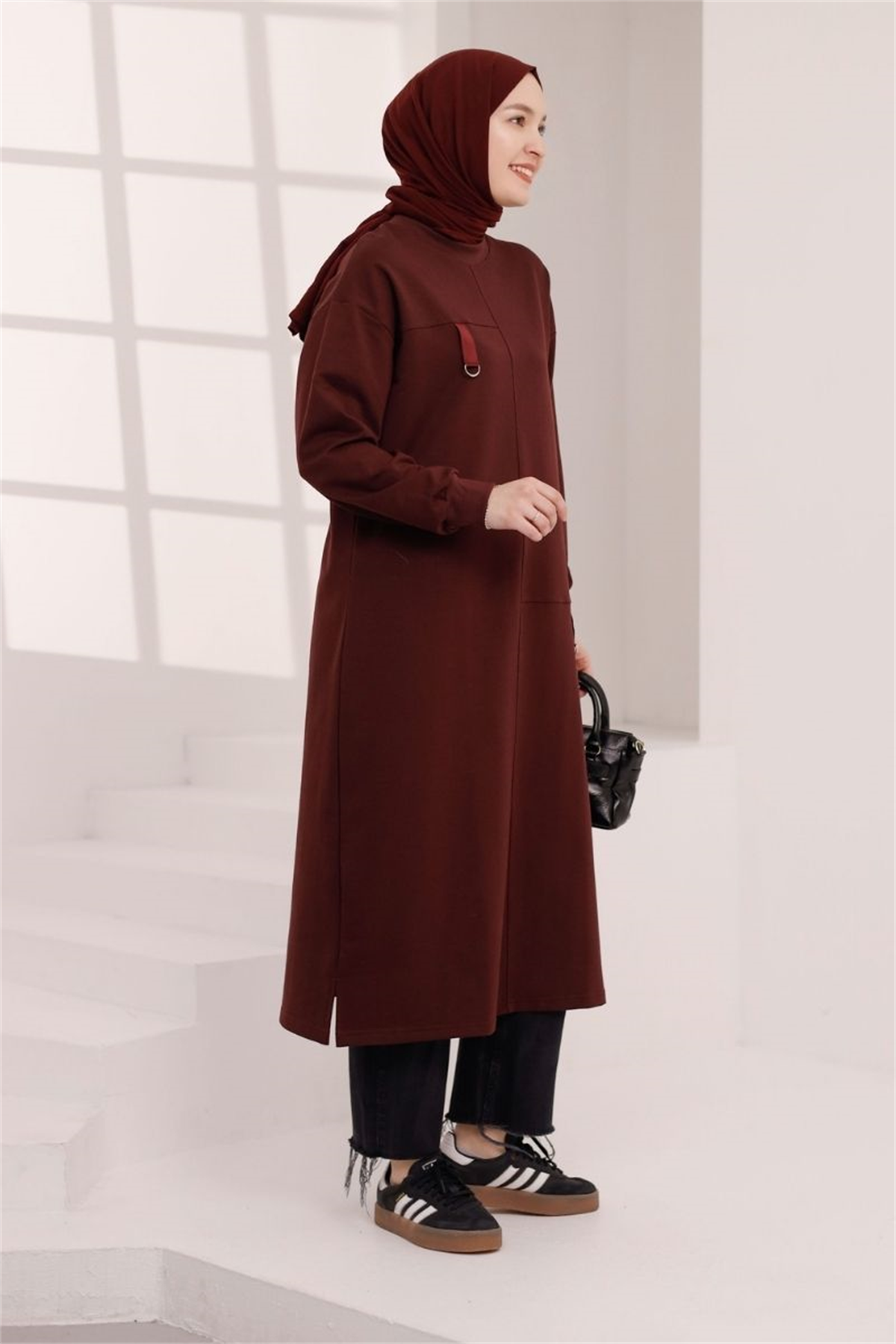 D Tokalı Uzun Sweat Vişne