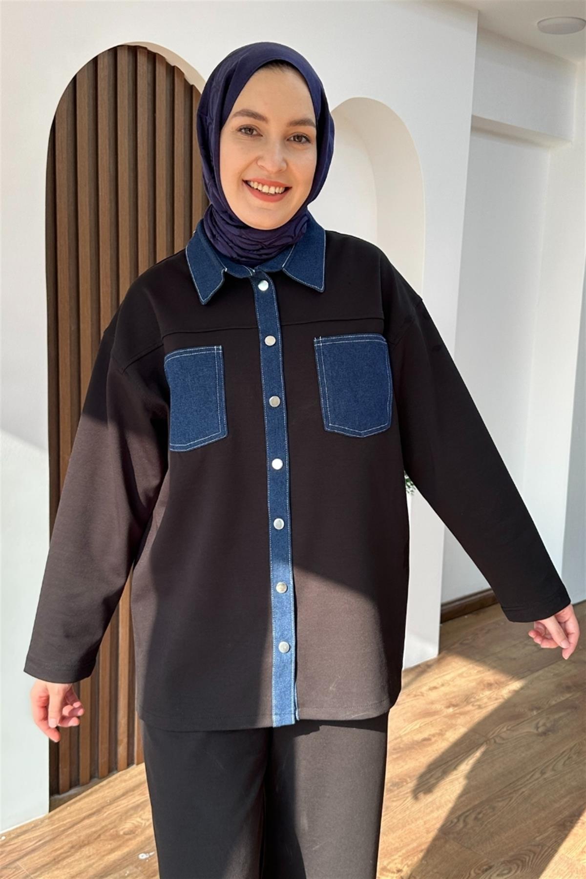 Denim Detaylı İkili Takım Siyah