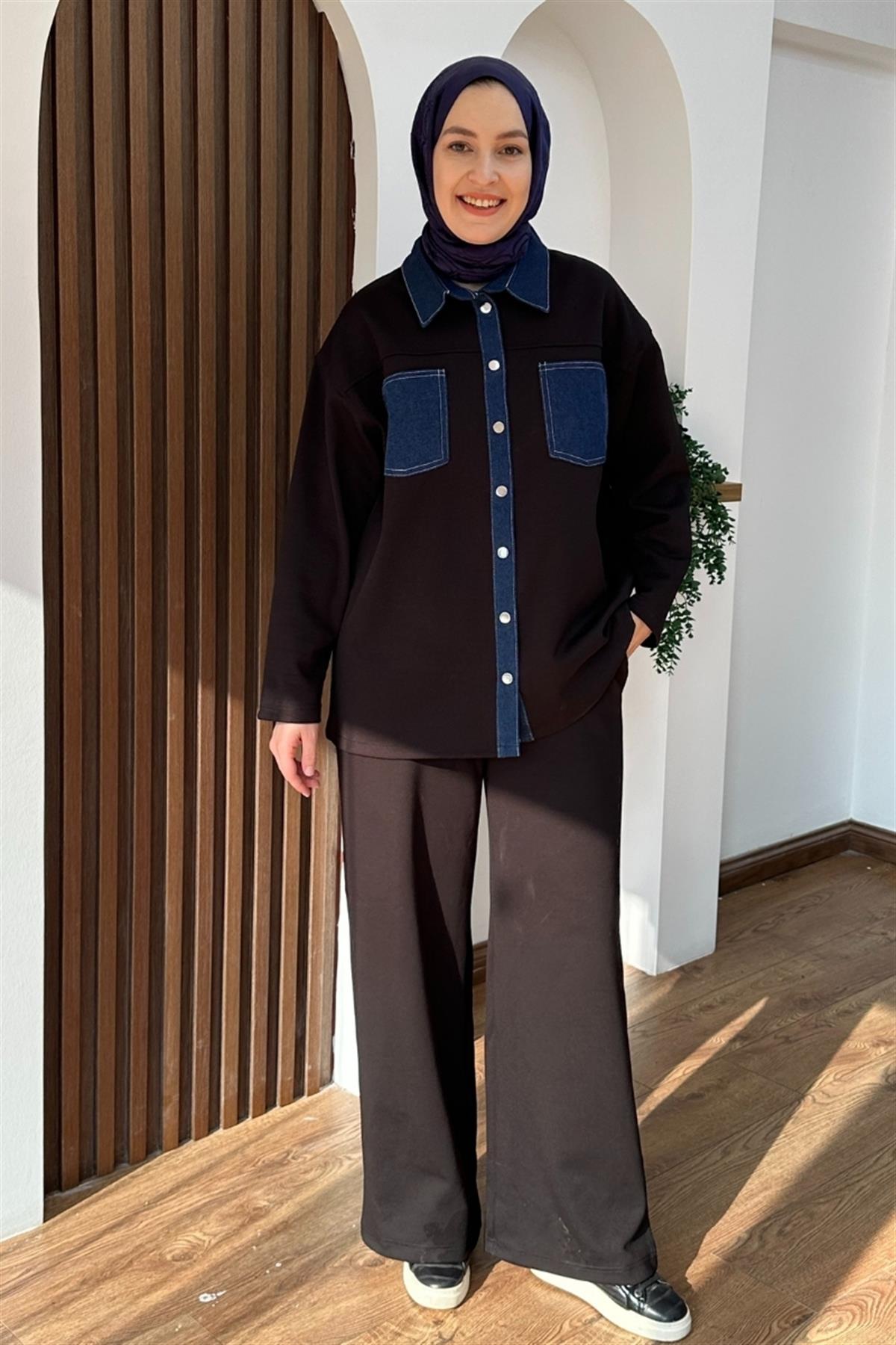 Denim Detaylı İkili Takım Siyah