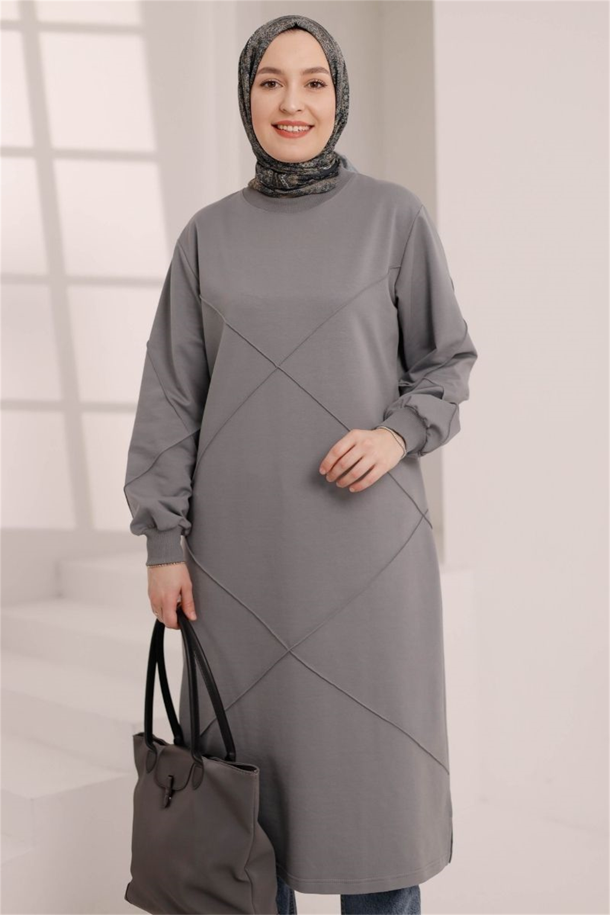 Dikiş Detaylı Uzun Sweat Gri