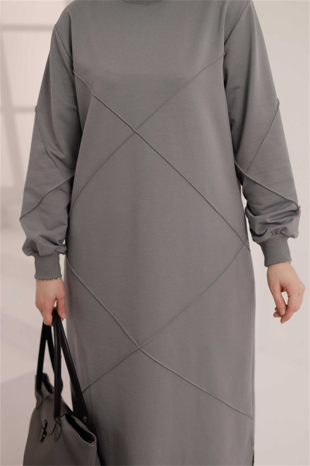 Dikiş Detaylı Uzun Sweat Gri