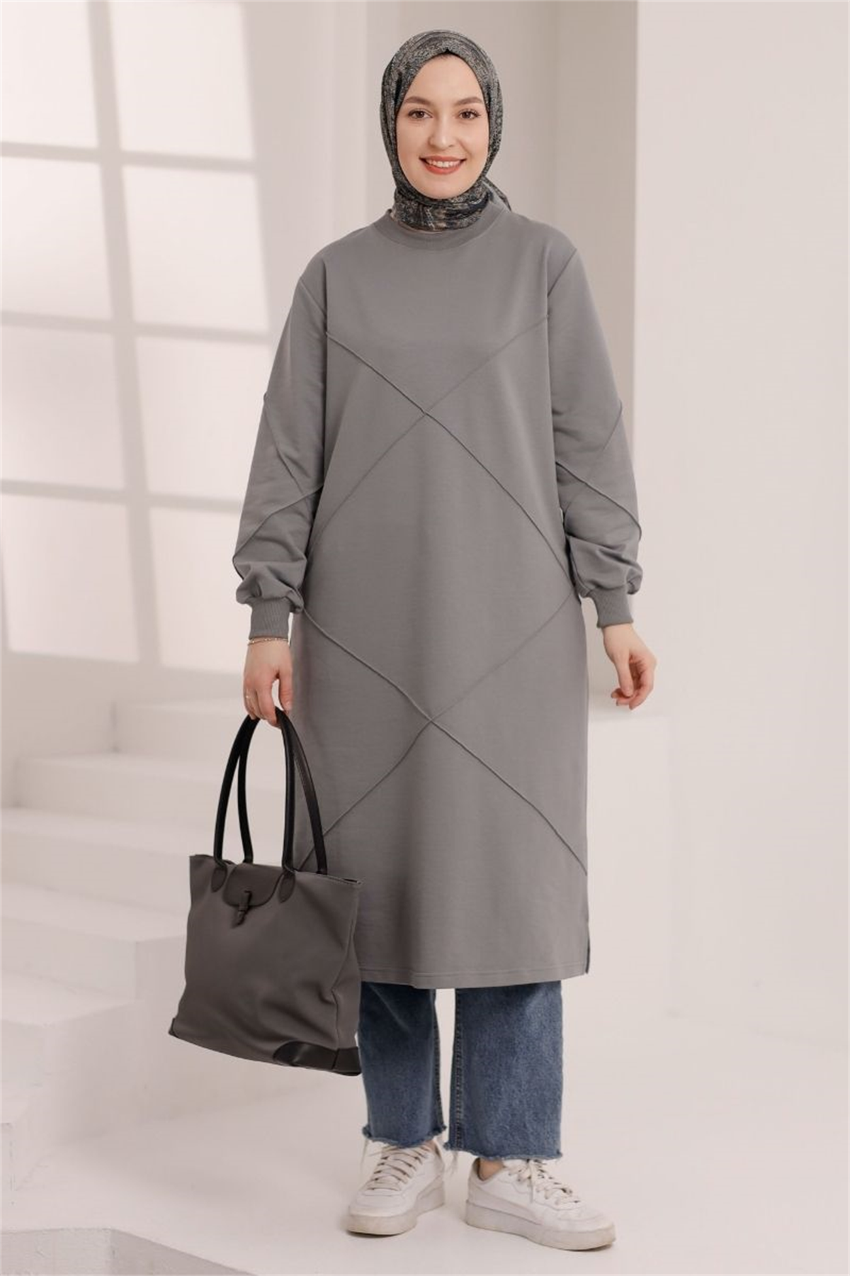 Dikiş Detaylı Uzun Sweat Gri