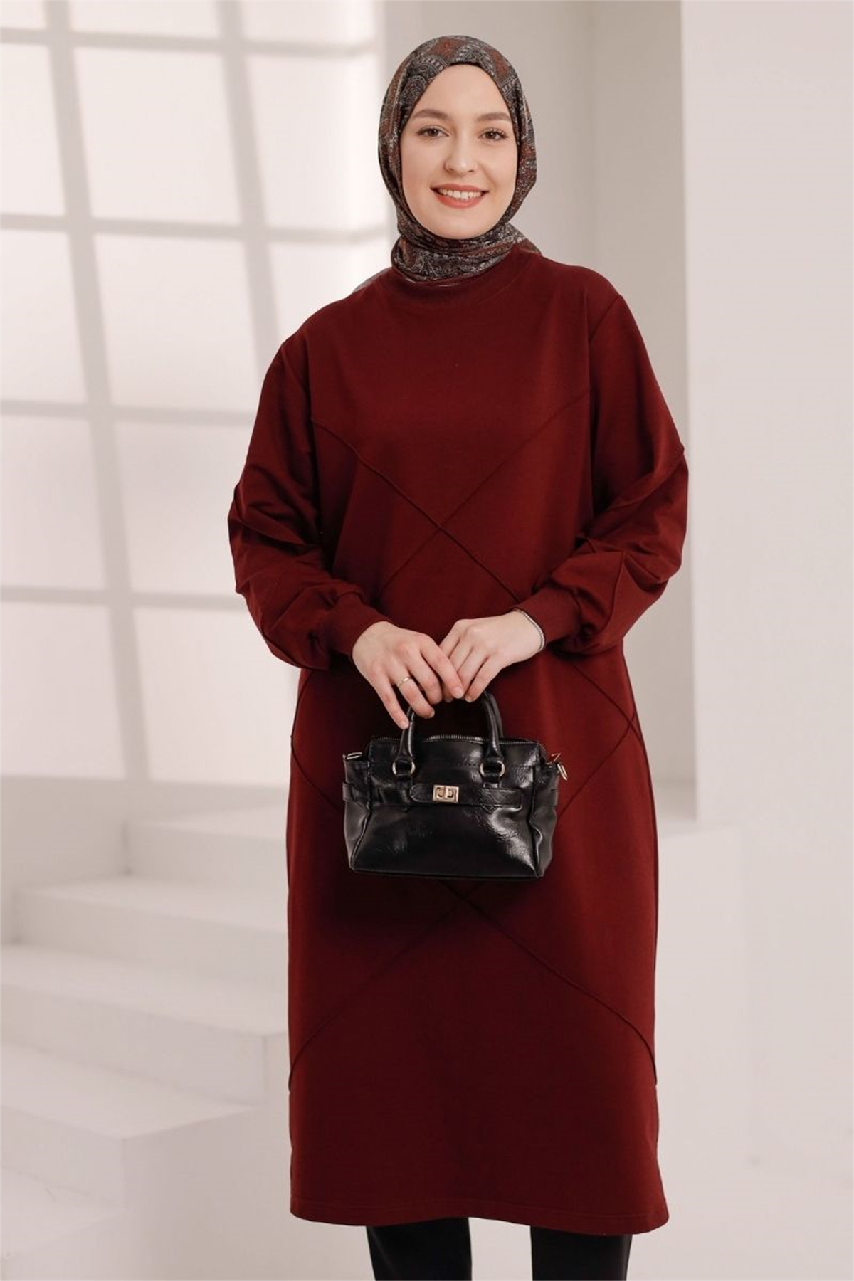 Dikiş Detaylı Uzun Sweat Vişne