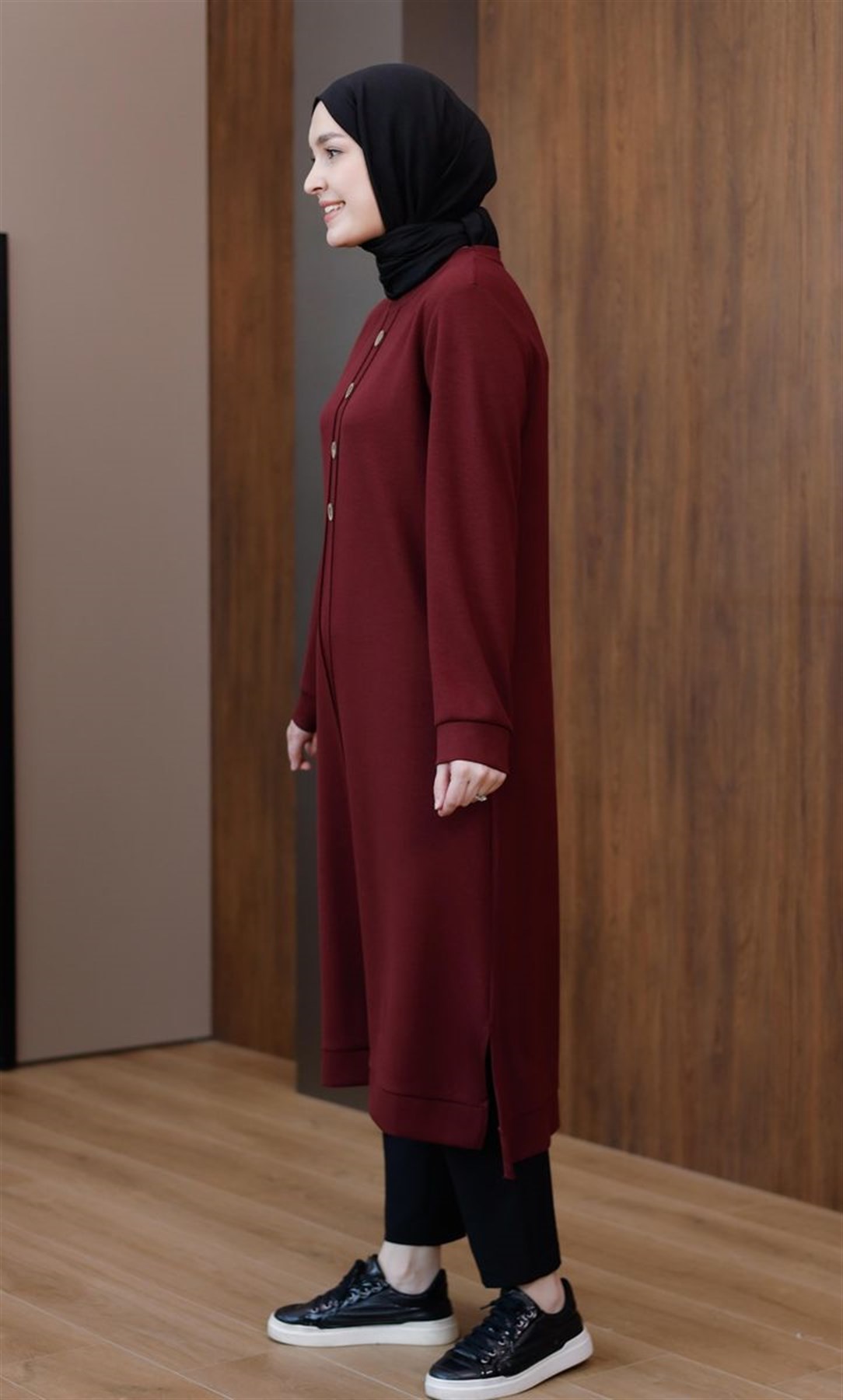 Düğmeli Oysho Uzun Tunik Bordo
