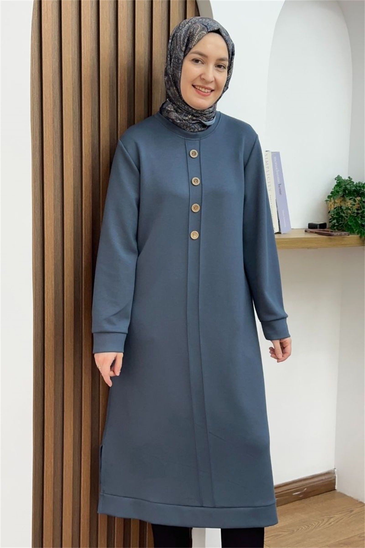Düğmeli Oysho Uzun Tunik Soft İndigo