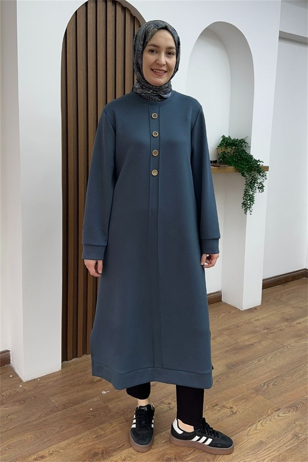 Düğmeli Oysho Uzun Tunik Soft İndigo