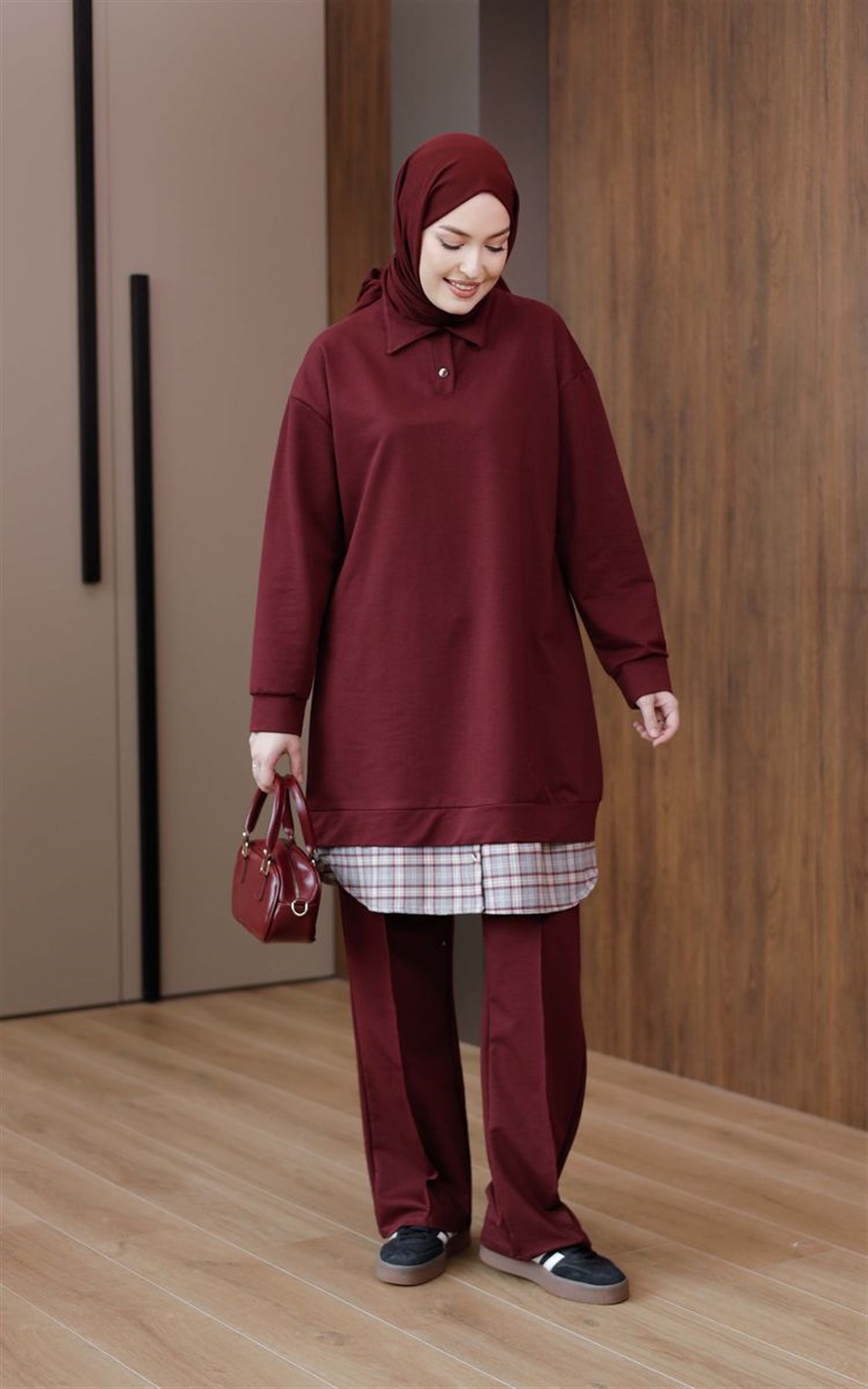 Ekose Detaylı Takım Bordo
