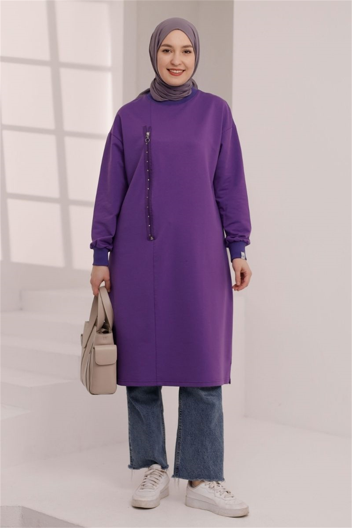 Fermuar Detaylı 110 cm Sweat Mor