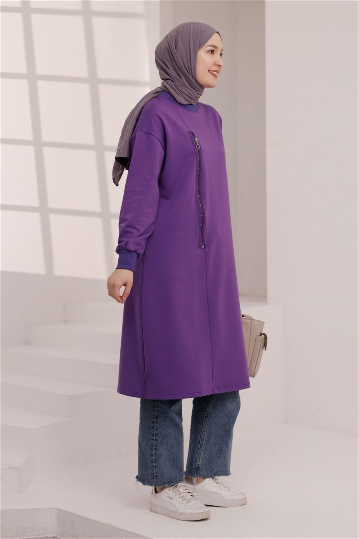 Fermuar Detaylı 110 cm Sweat Mor