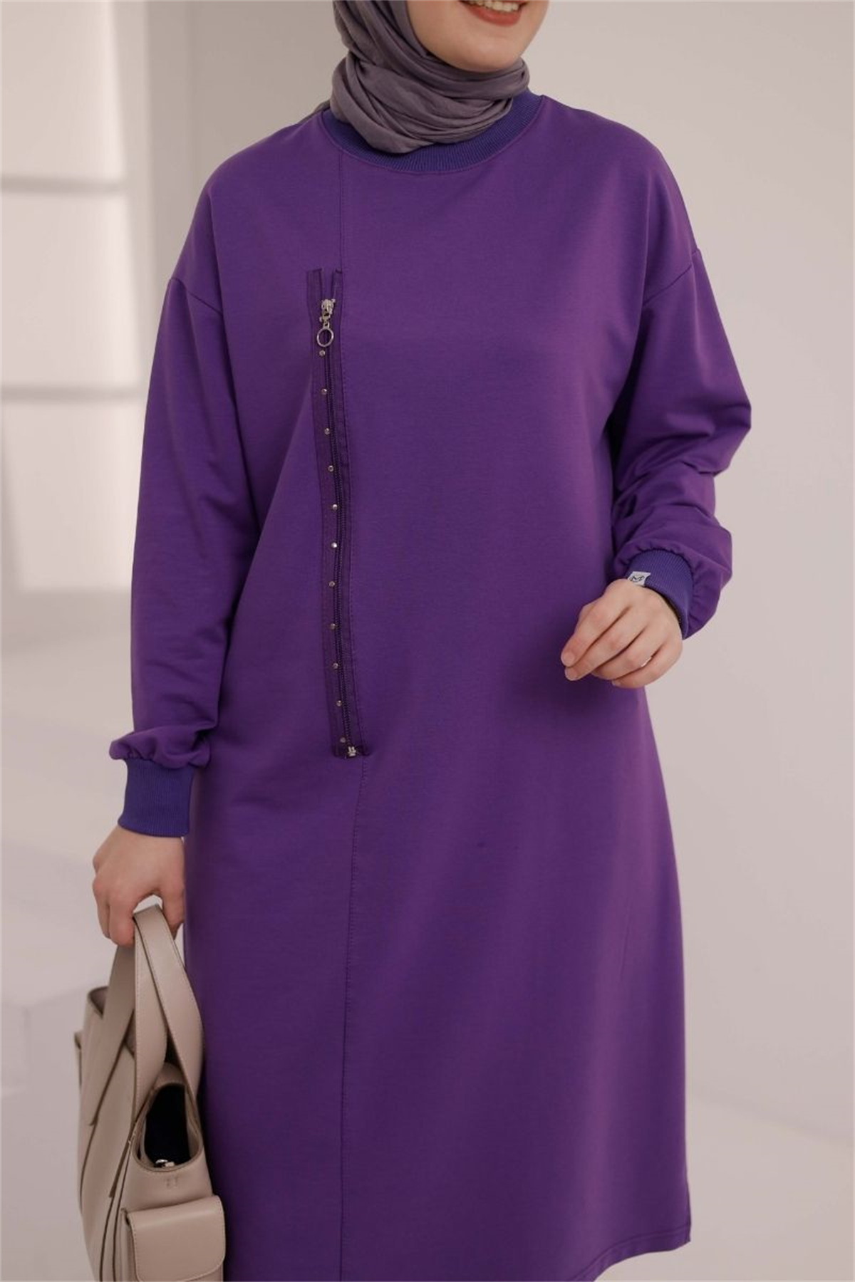 Fermuar Detaylı 110 cm Sweat Mor