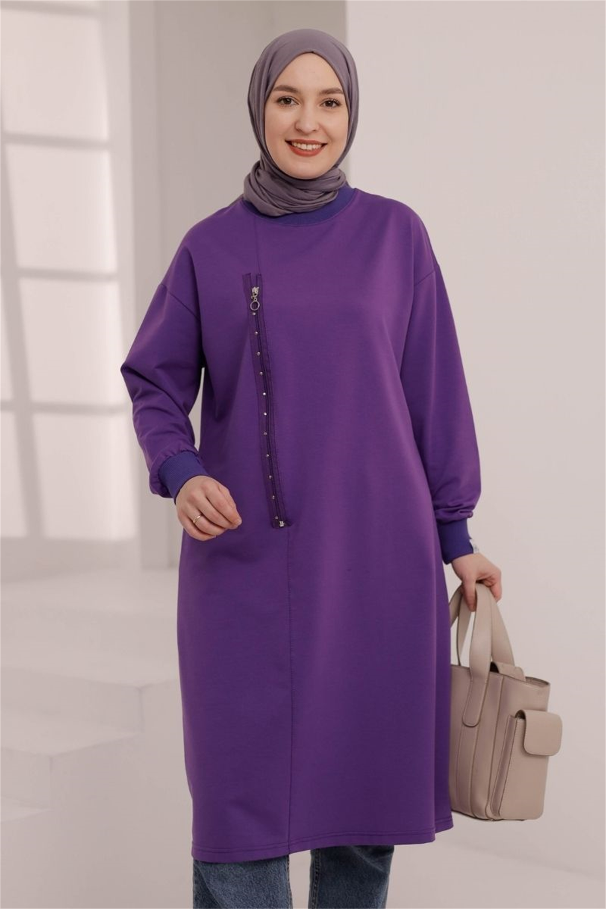 Fermuar Detaylı 110 cm Sweat Mor