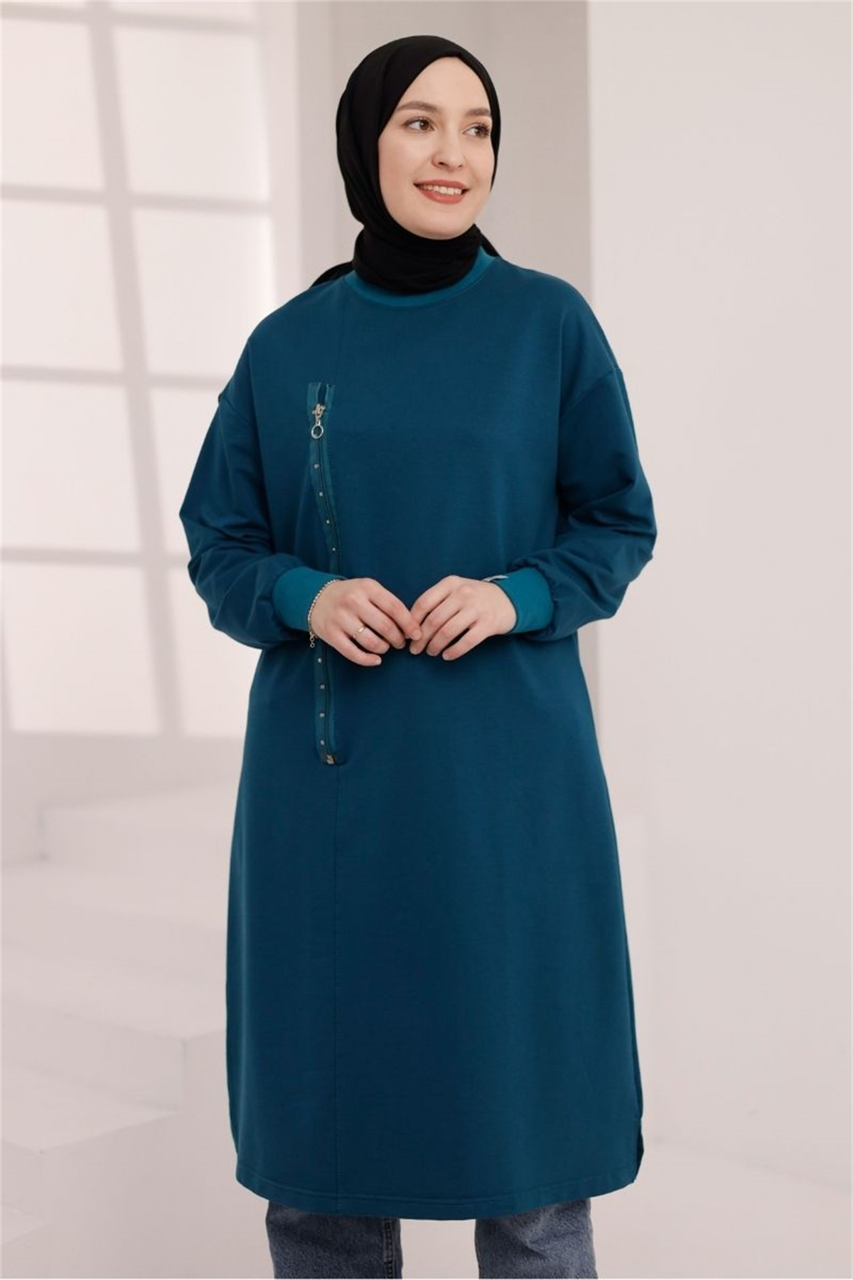 Fermuar Detaylı 110 cm Sweat Petrol