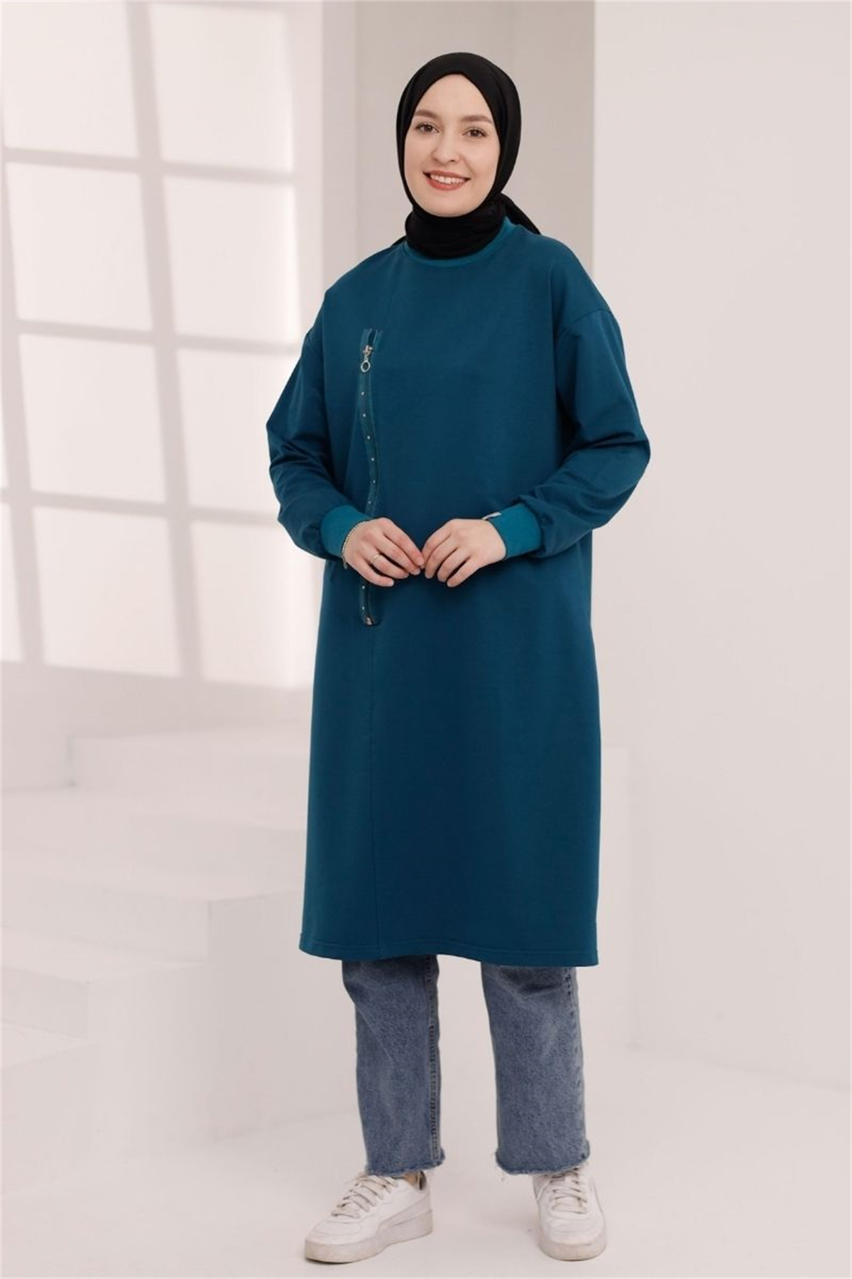 Fermuar Detaylı 110 cm Sweat Petrol
