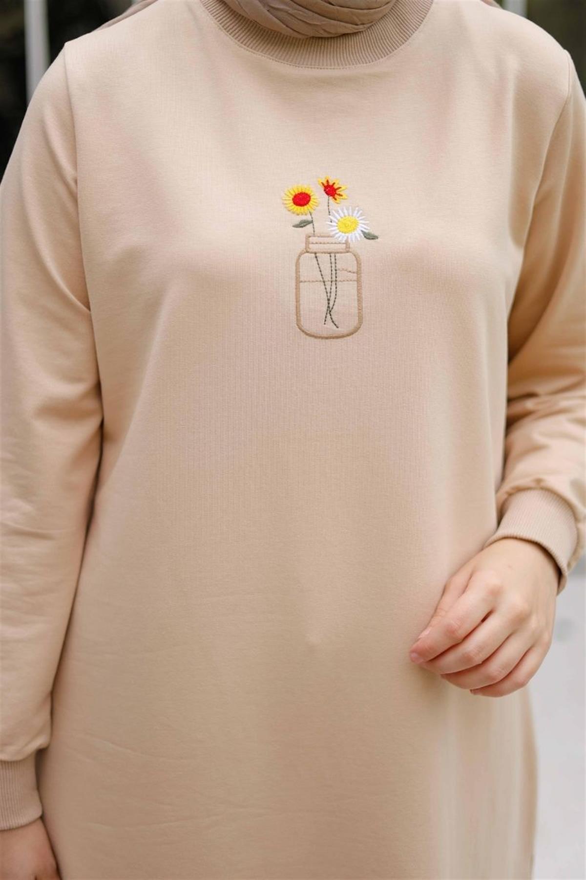 Flowers Uzun Tunik Krem