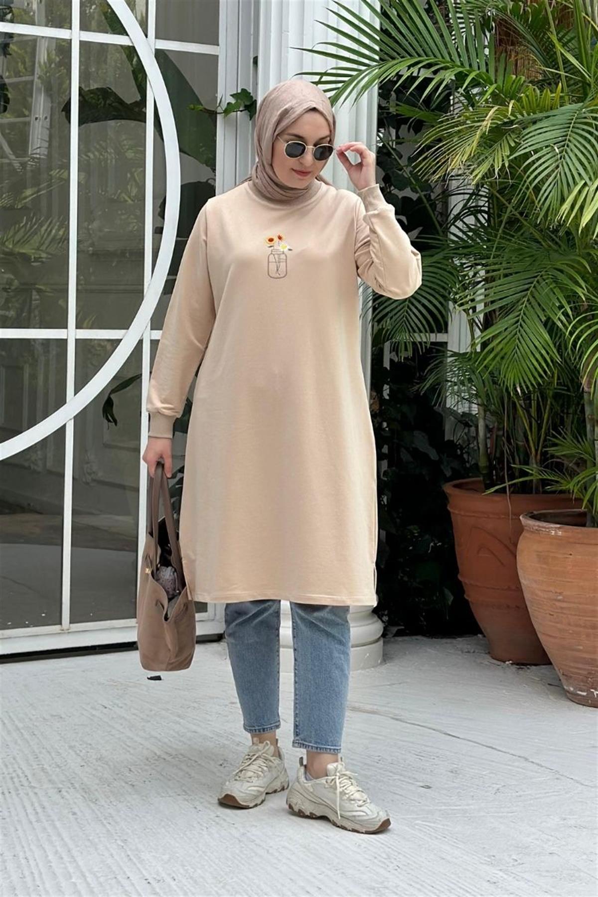 Flowers Uzun Tunik Krem