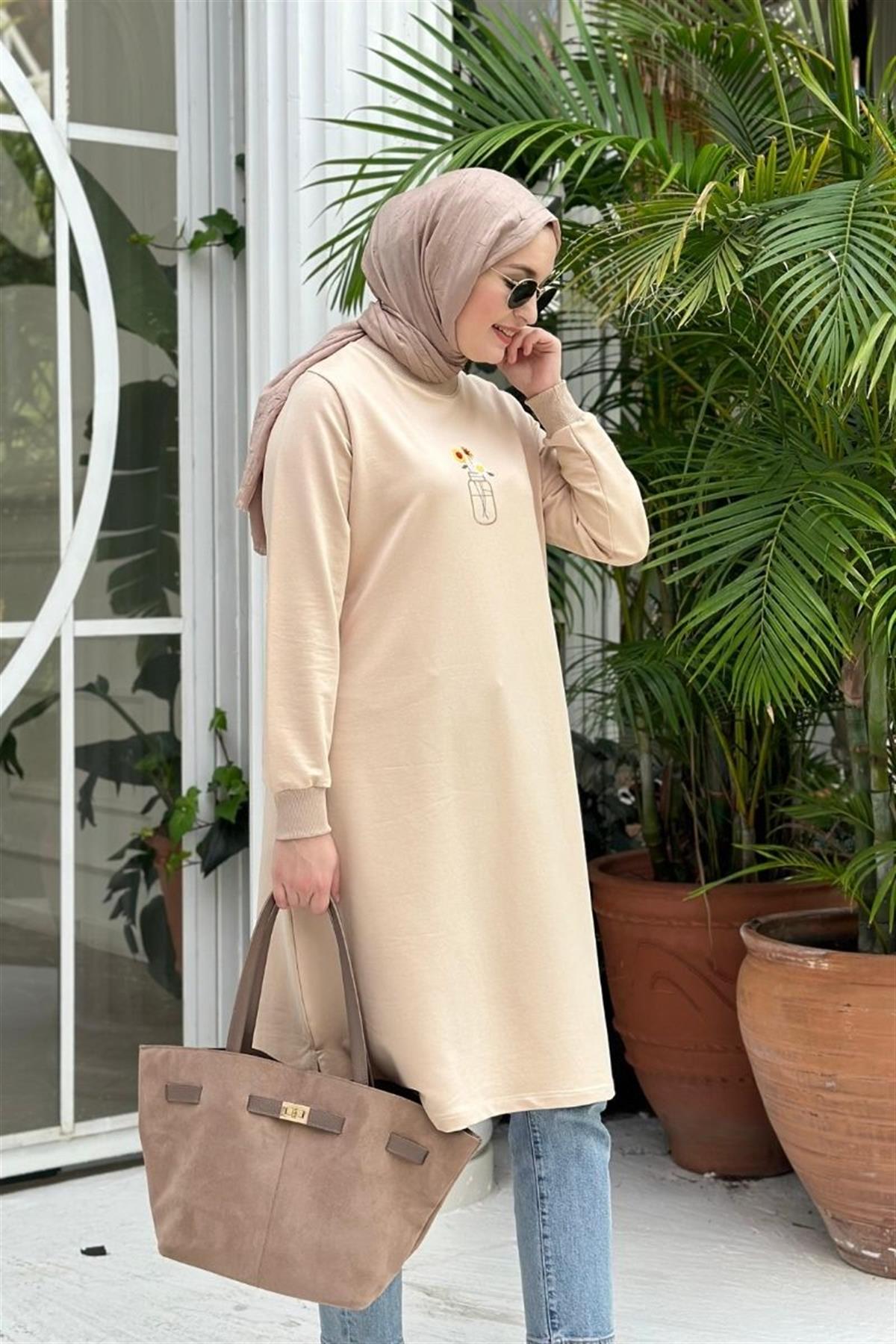 Flowers Uzun Tunik Krem