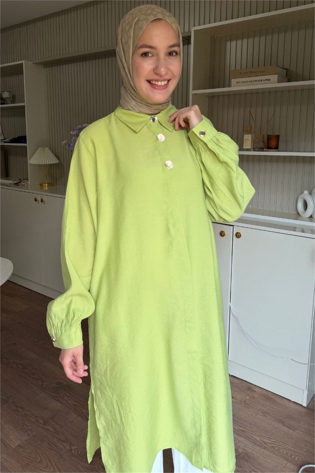 Gömlek Yakalı Gizli Patlı Modal Tunik Fıstık Yeşili