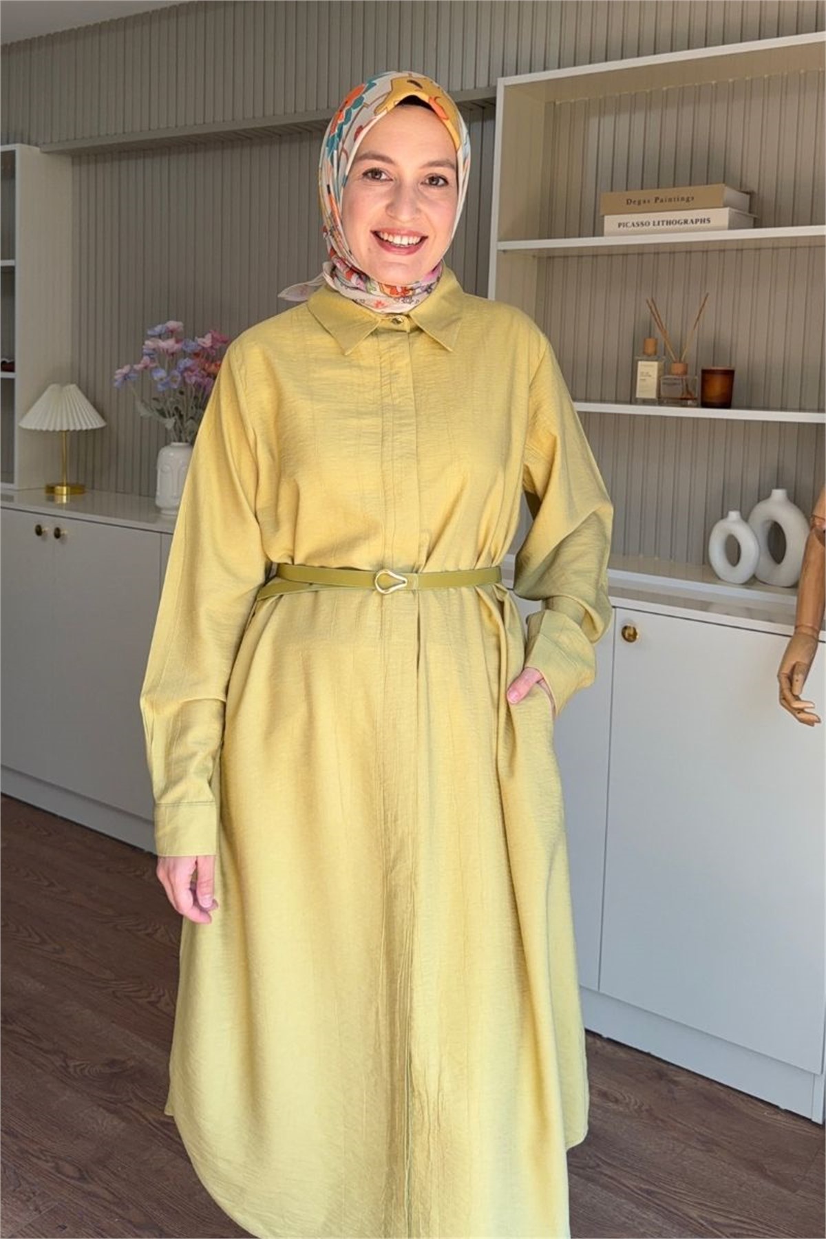 Gömlek Yakalı Hazır Kemerli Tunik Olive