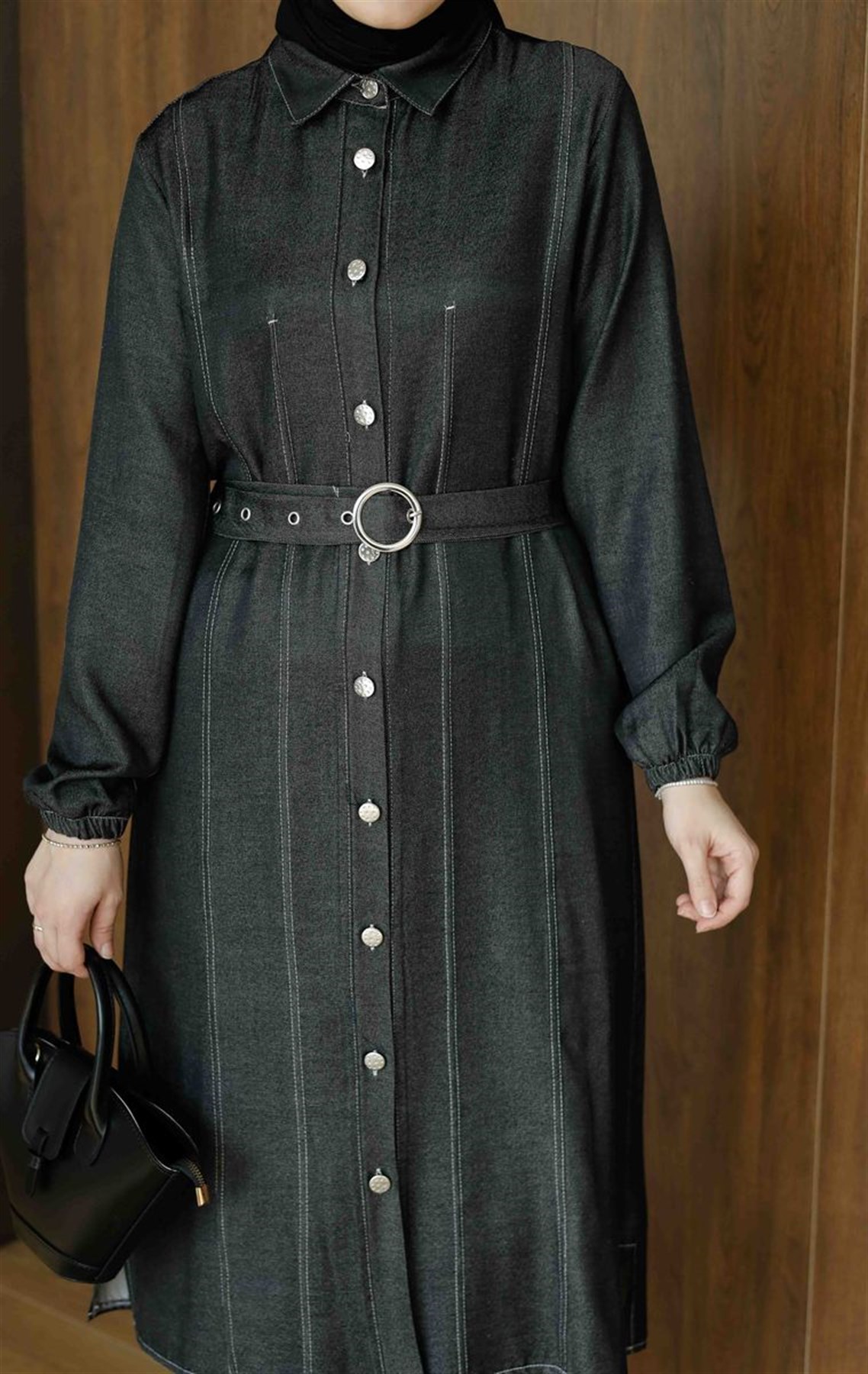 Gümüş Kemerli Uzun Tunik Siyah