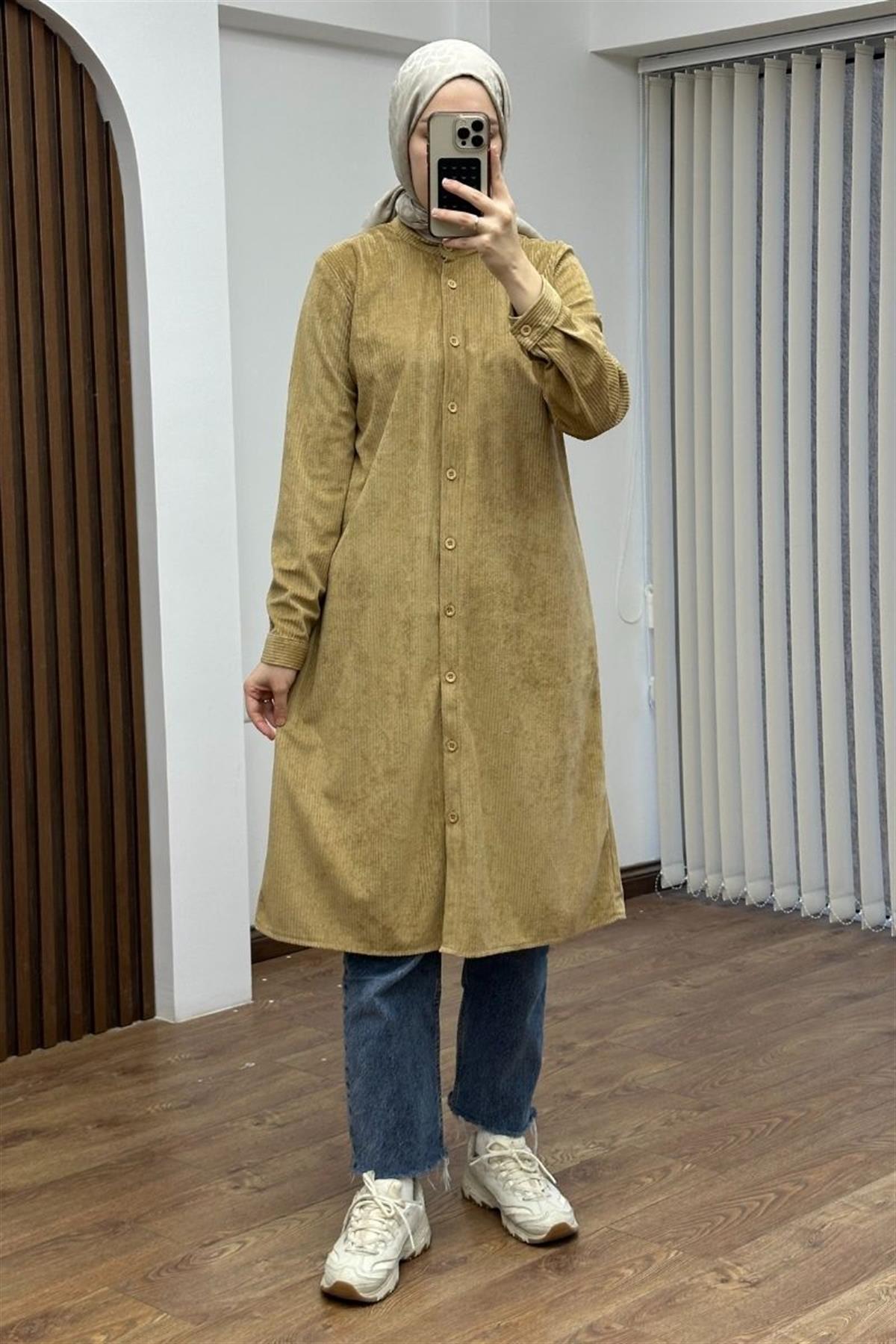 Hakim Yaka Ahşap Düğmeli Uzun Tunik Camel