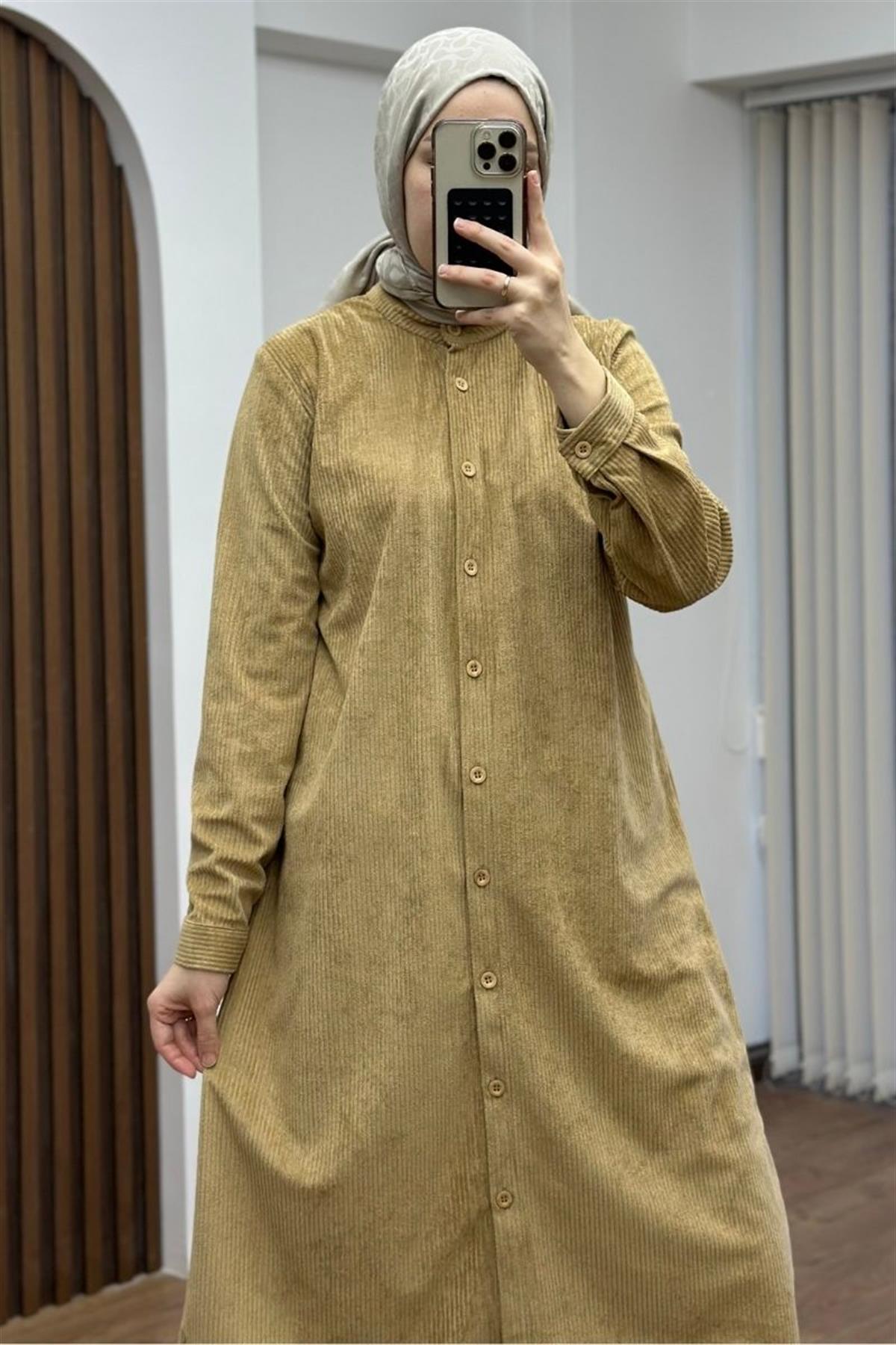 Hakim Yaka Ahşap Düğmeli Uzun Tunik Camel