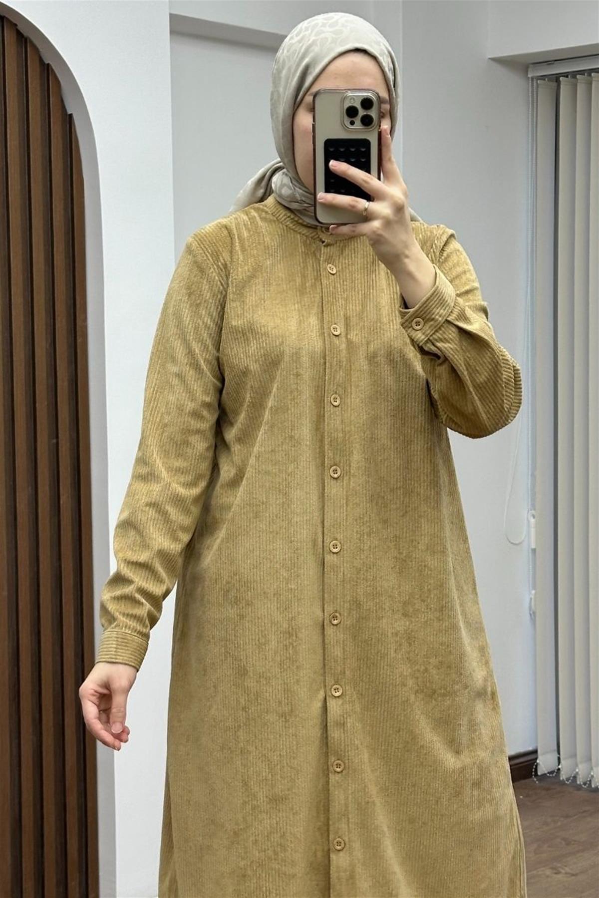 Hakim Yaka Ahşap Düğmeli Uzun Tunik Camel