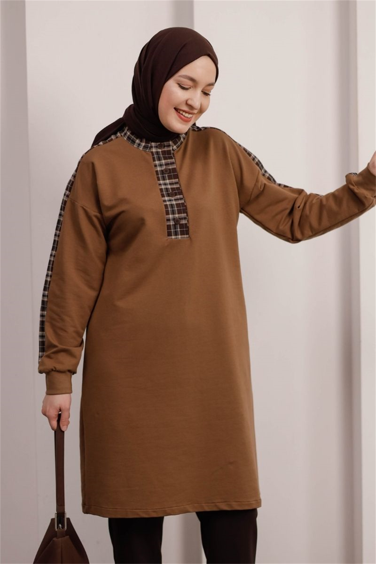 Hakim Yaka Ekose Detaylı Uzun Tunik Camel
