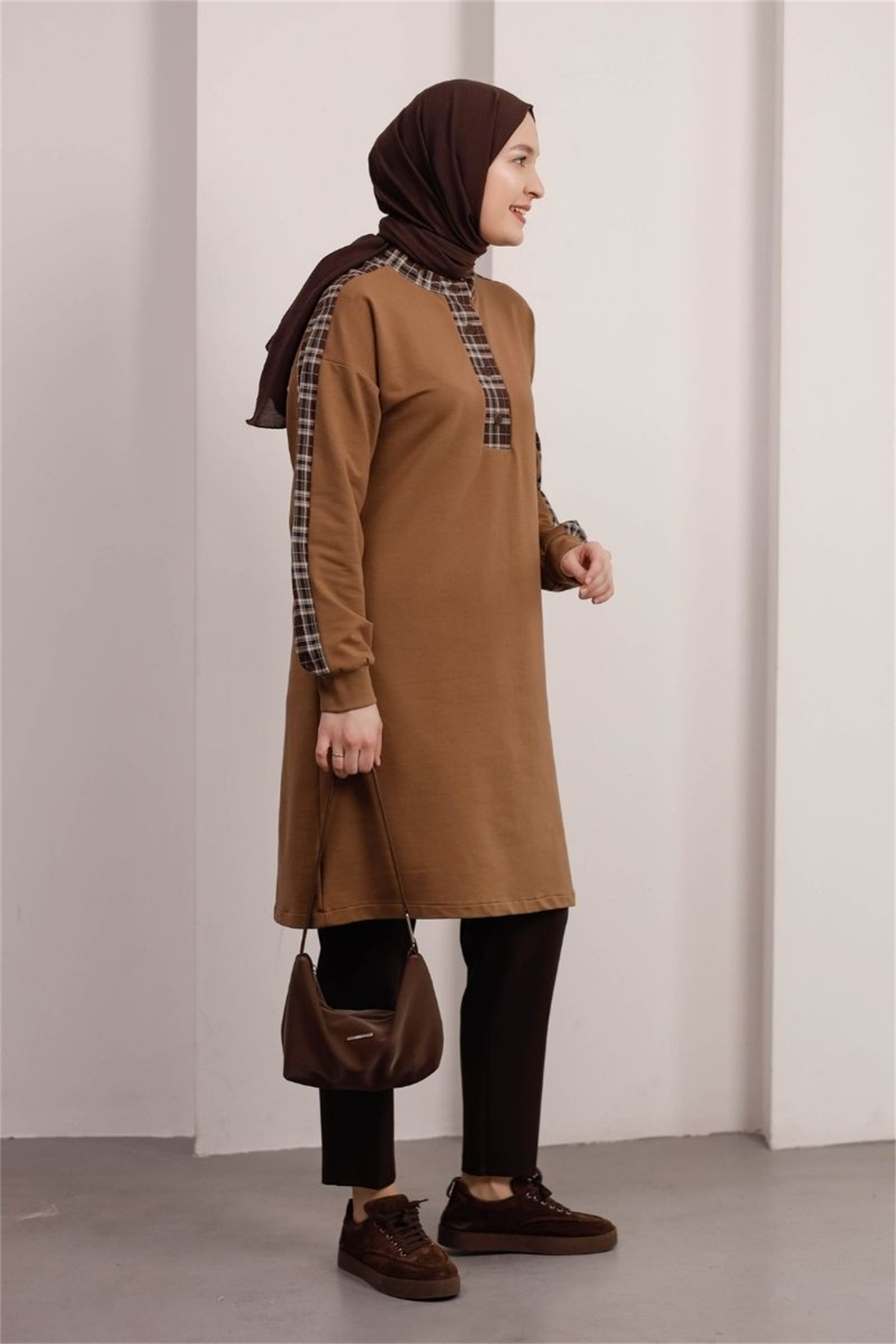 Hakim Yaka Ekose Detaylı Uzun Tunik Camel