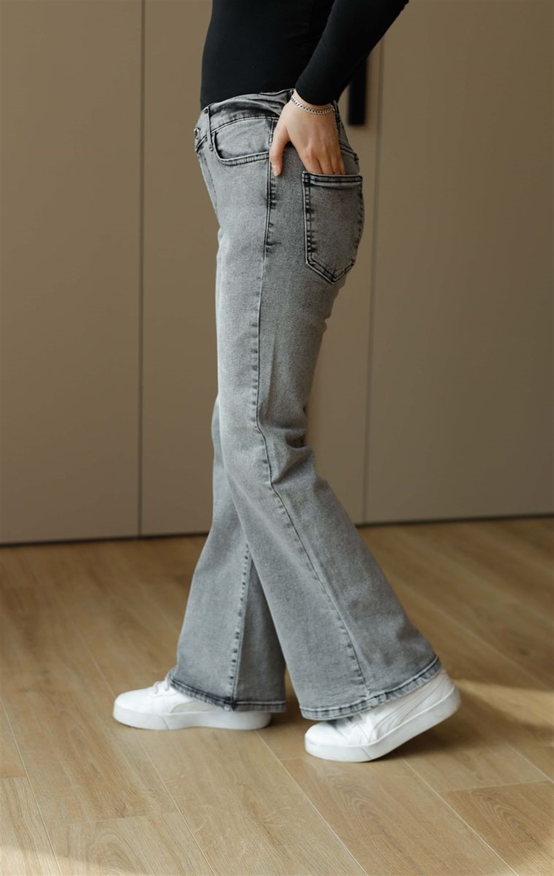 İspanyol Paça Kot Pantolon Füme