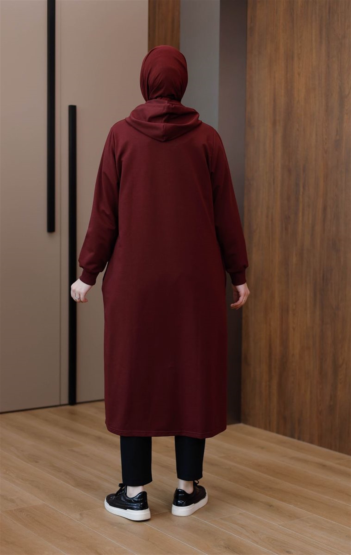 Kapüşonlu Fermuarlı Uzun Hırka Vişne