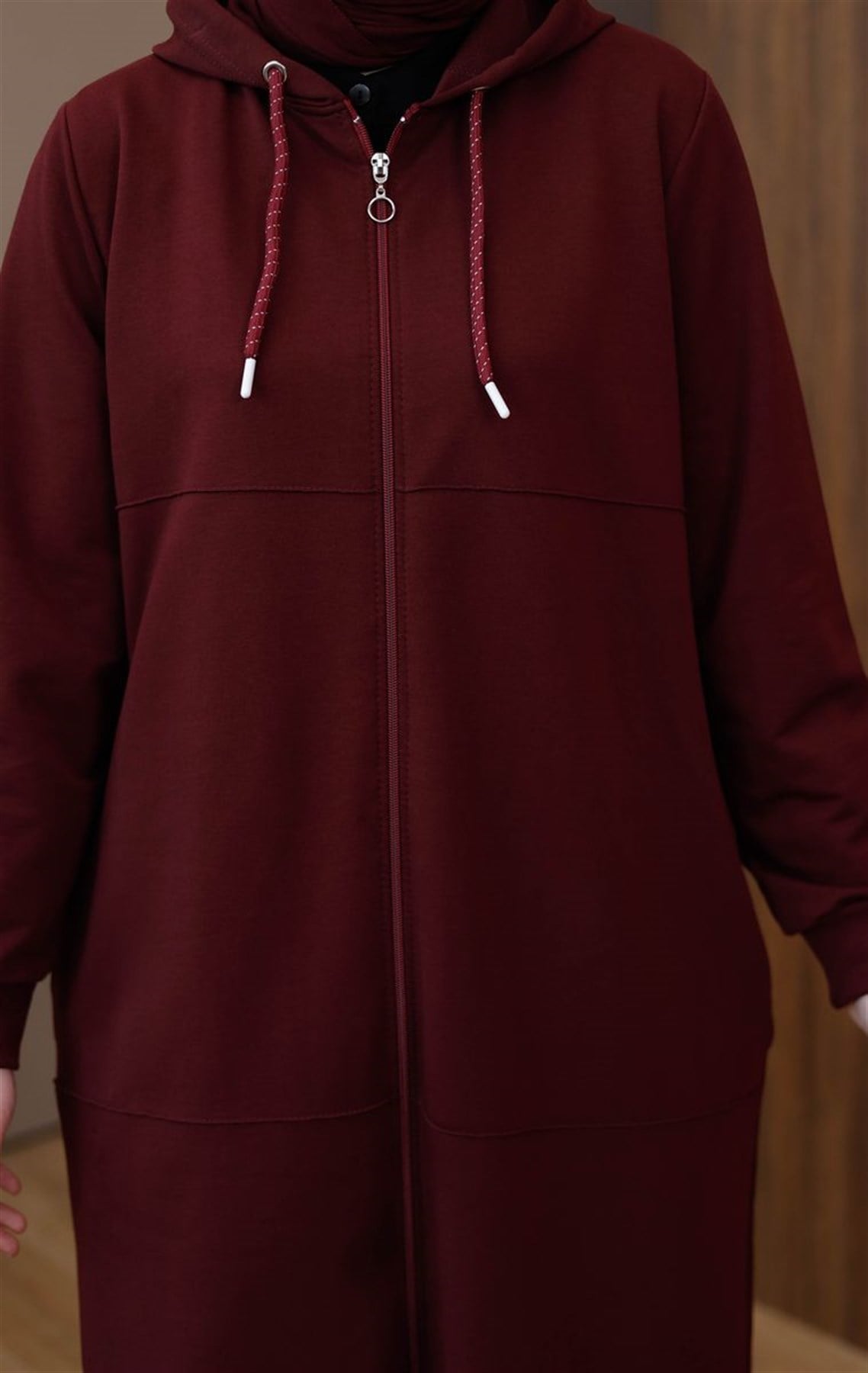 Kapüşonlu Fermuarlı Uzun Hırka Vişne