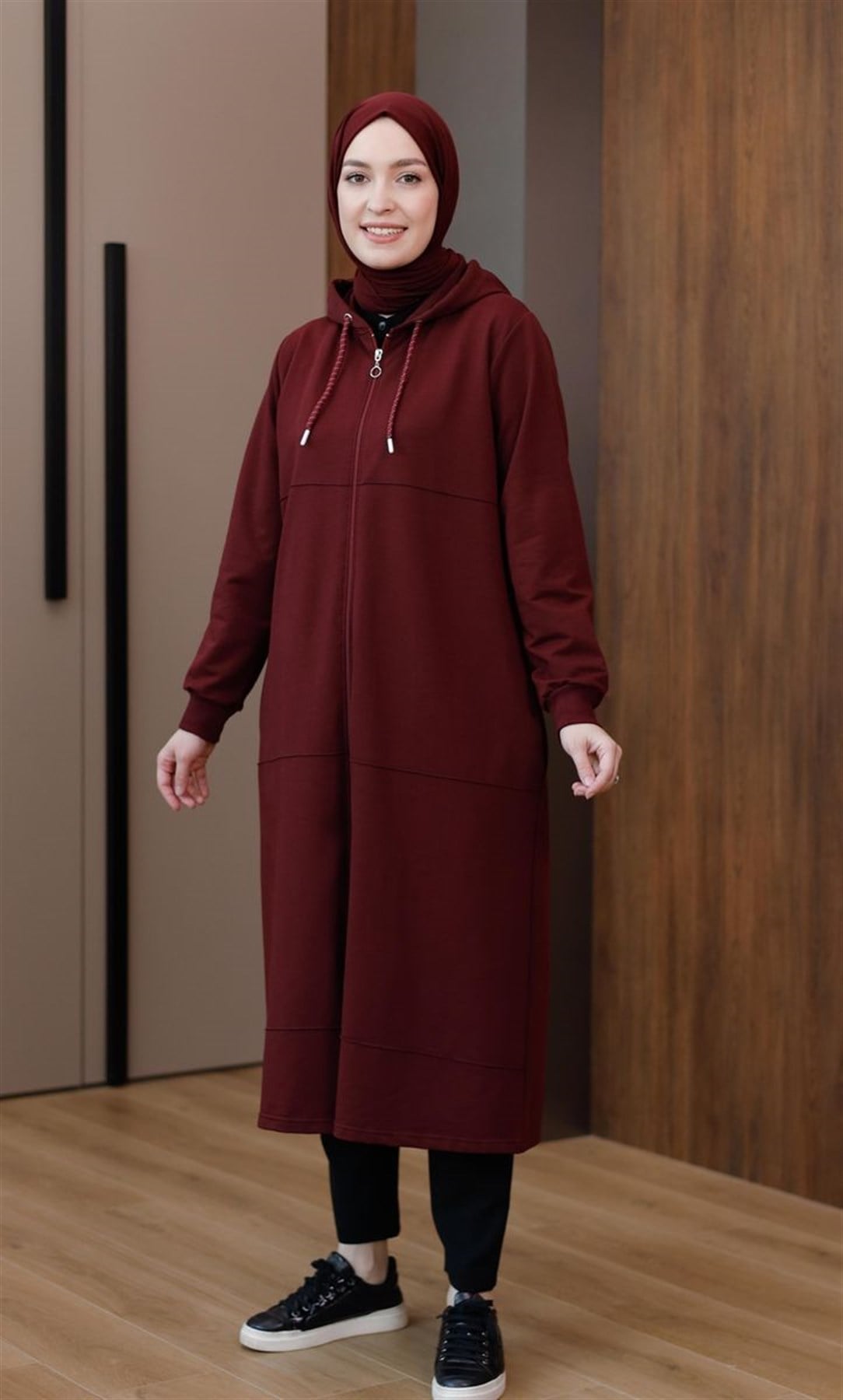 Kapüşonlu Fermuarlı Uzun Hırka Vişne