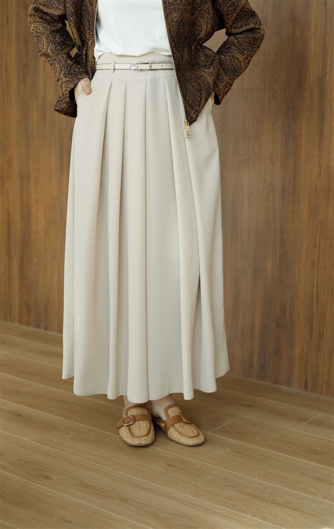 Kemerli Pantolon Etek Krem