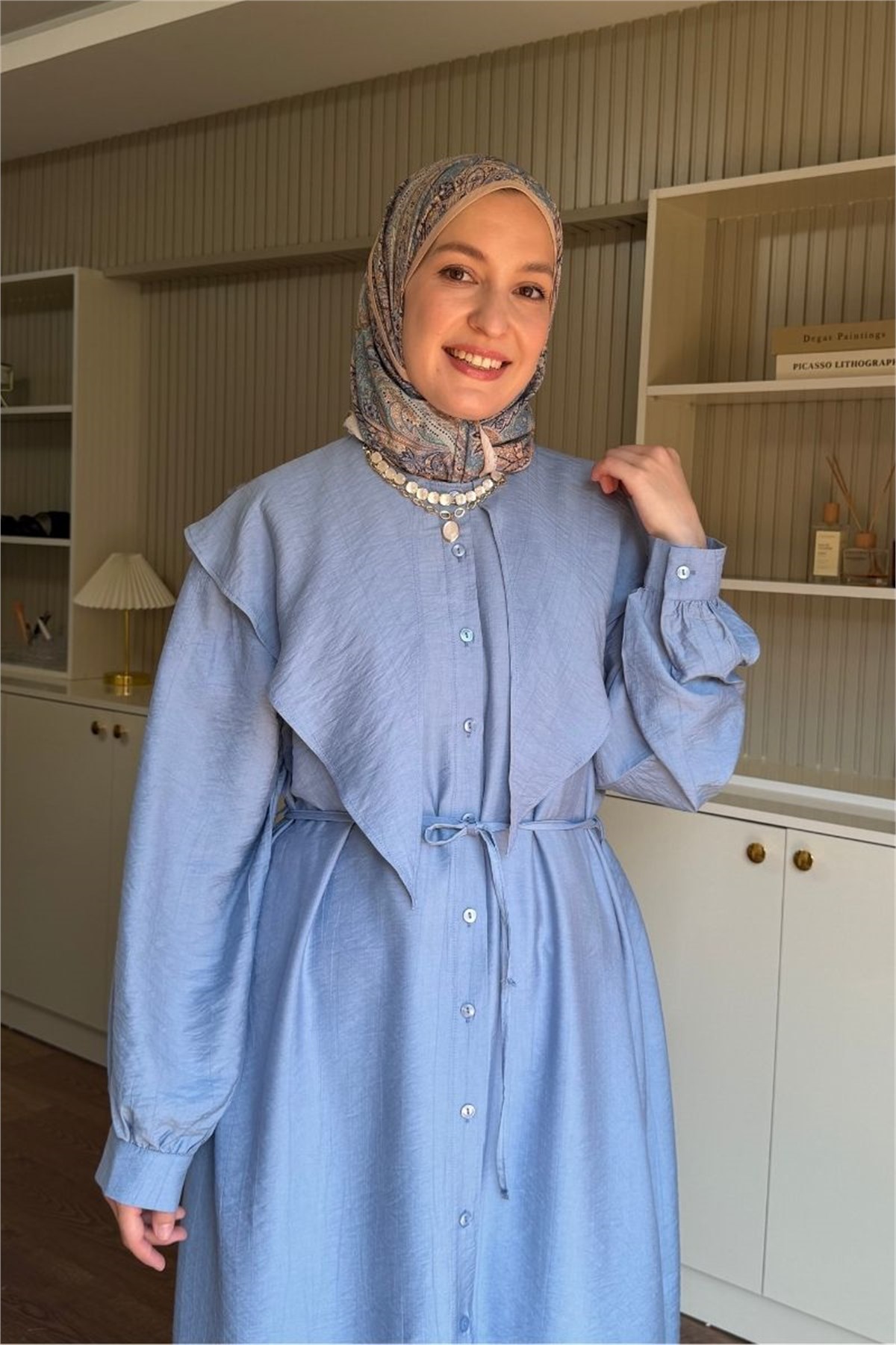 Linda Yakalı Çilek Uzun Tunik Açık Mavi