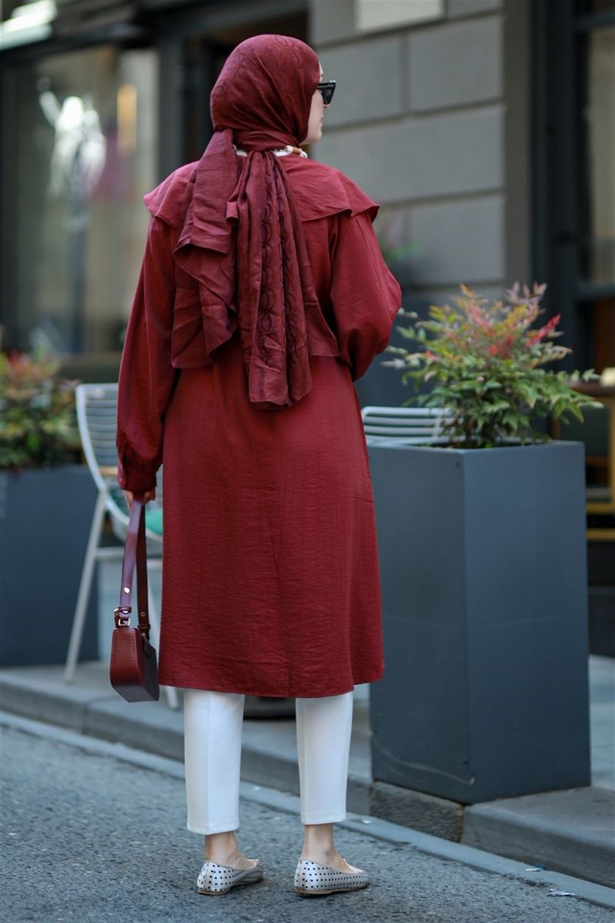 Linda Yakalı Çilek Uzun Tunik Bordo