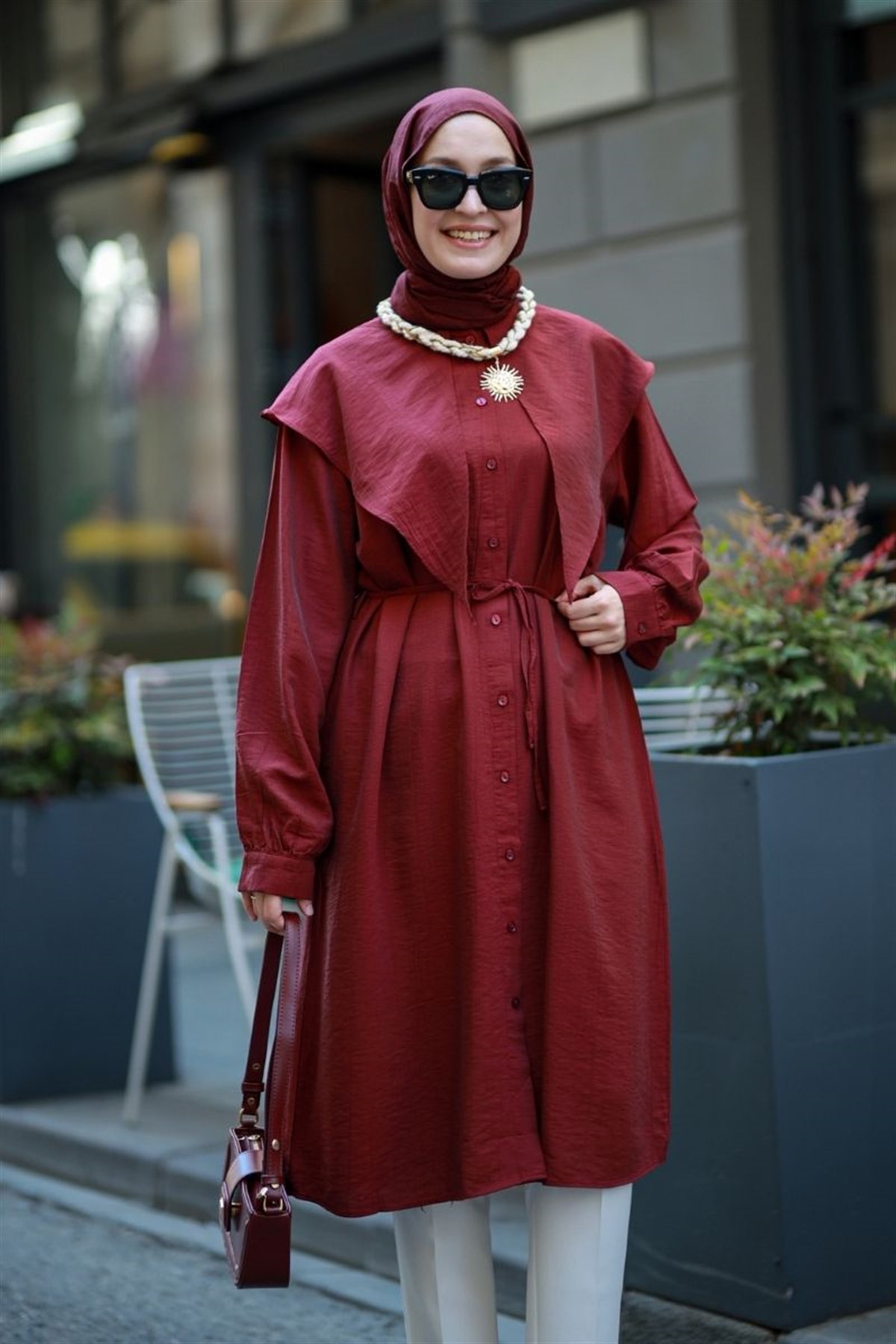 Linda Yakalı Çilek Uzun Tunik Bordo