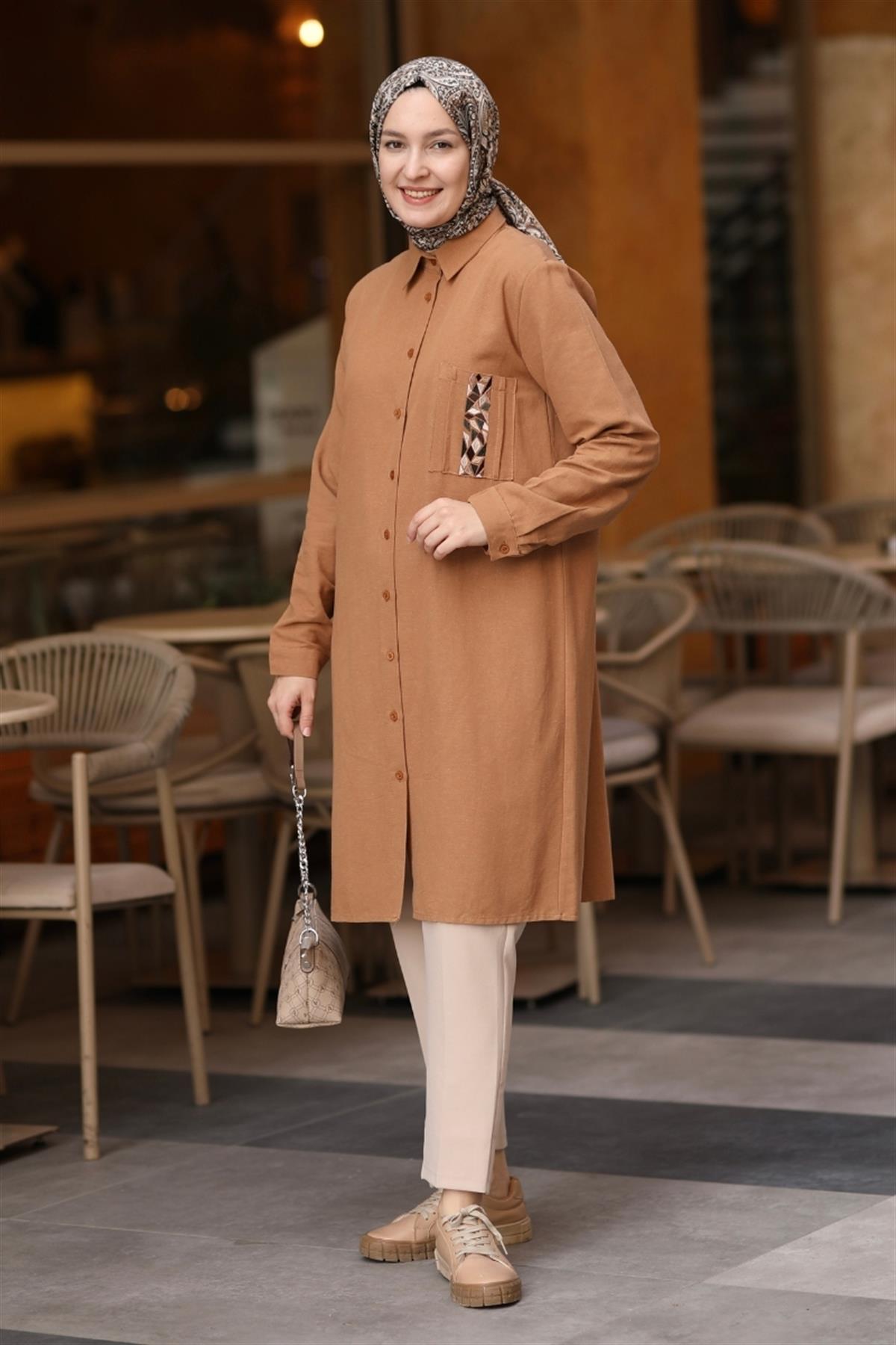 Luna Cebi Nakışlı Uzun Tunik Camel