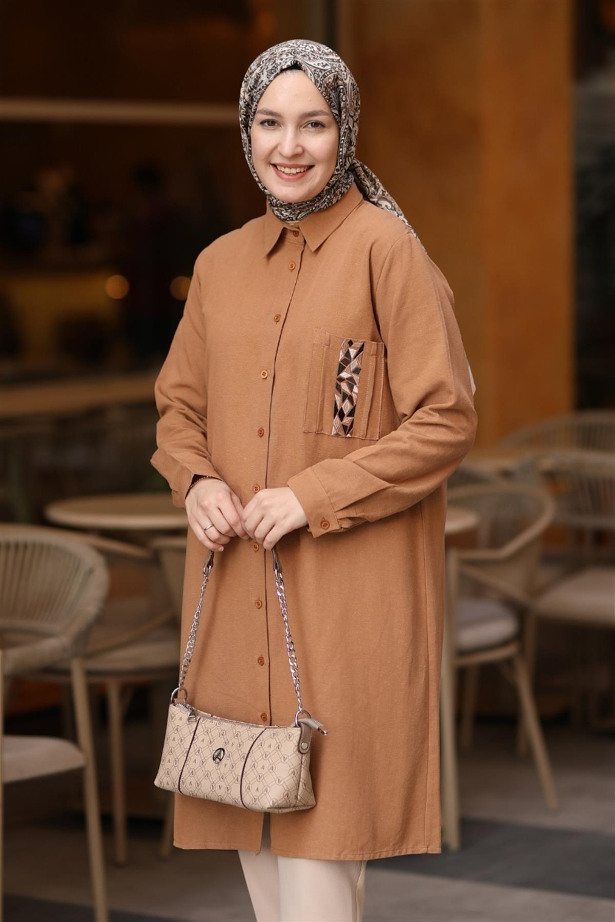 Luna Cebi Nakışlı Uzun Tunik Camel