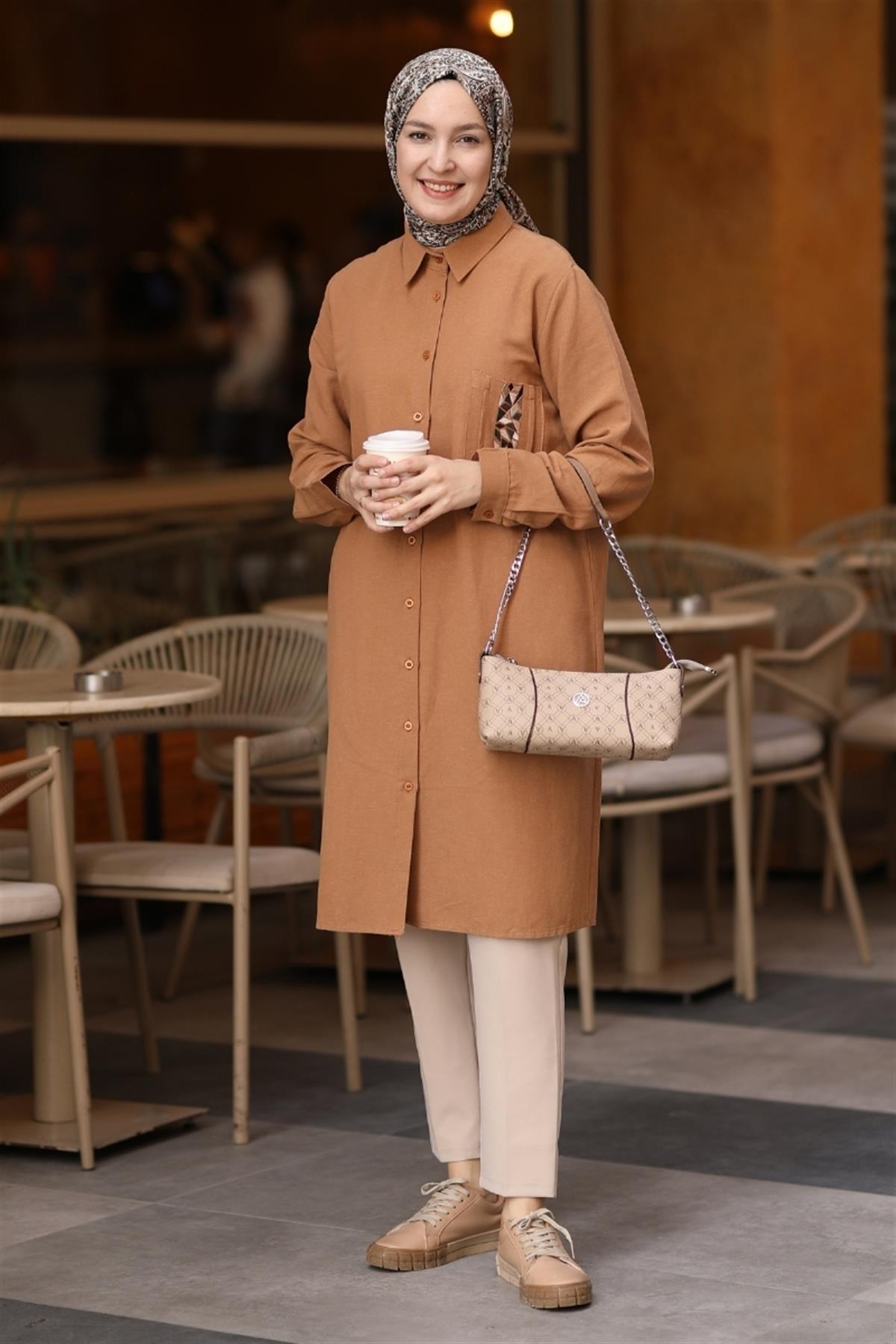 Luna Cebi Nakışlı Uzun Tunik Camel