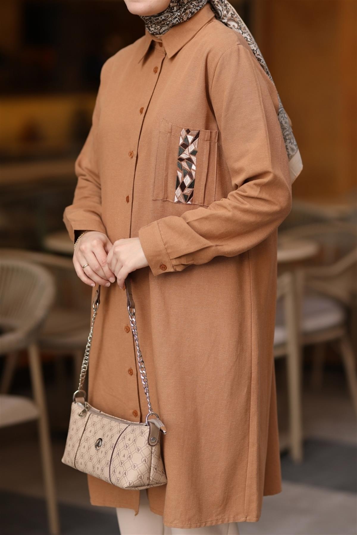 Luna Cebi Nakışlı Uzun Tunik Camel